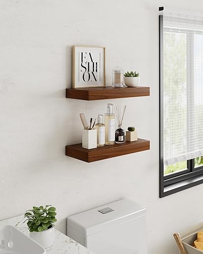Miniatura 2 de QueenFun Estantes flotantes para pared, estantes flotantes de madera más profundos y gruesos, 2 estantes de baño de 15 pulgadas para pared de