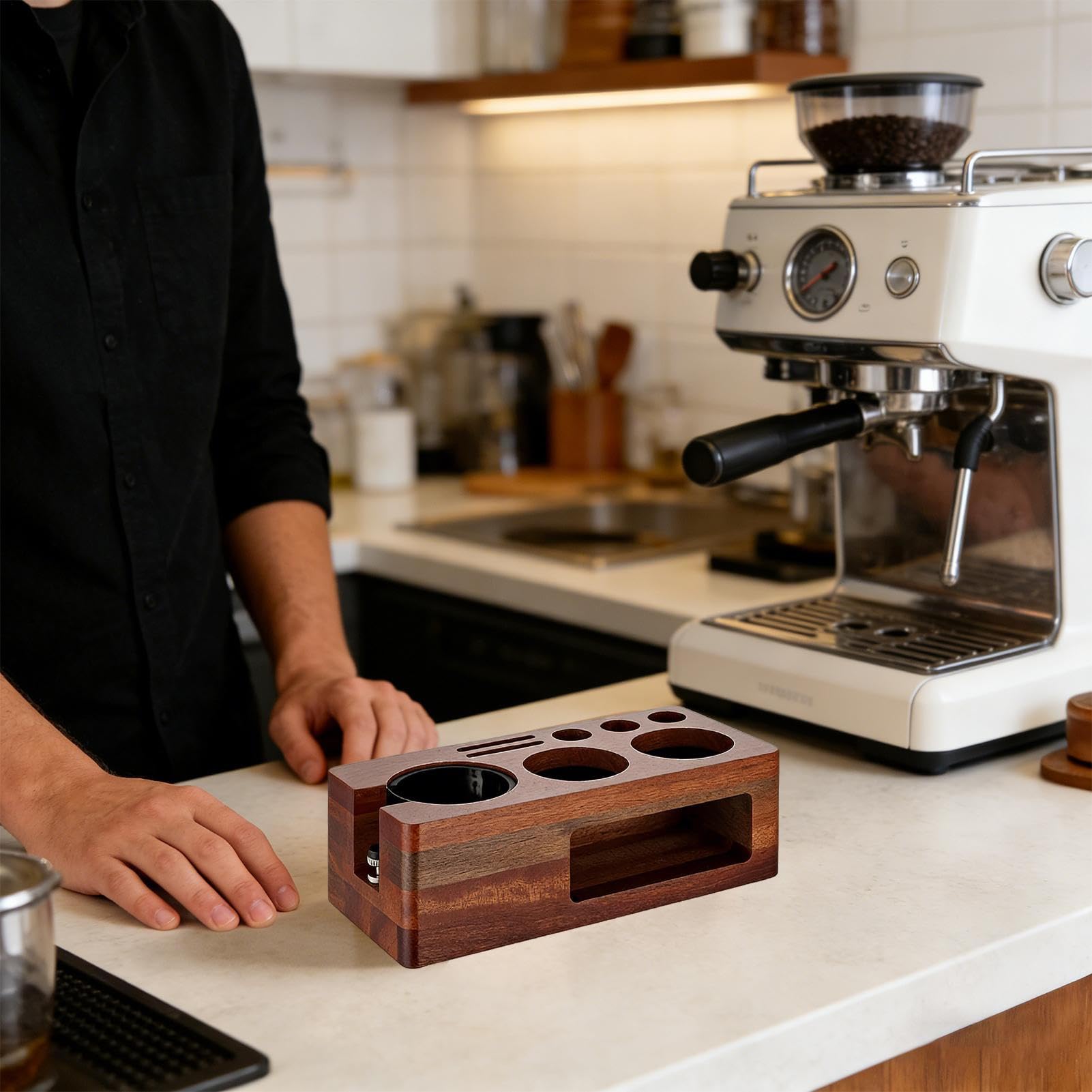 Espresso Tamper Station Multifunktionale Espresso Aufbewahrung aus Holz | Organizer Station für Kaffeezubehör Für Espresso Bar Zuhause Küche Wohnheim Gastronomie