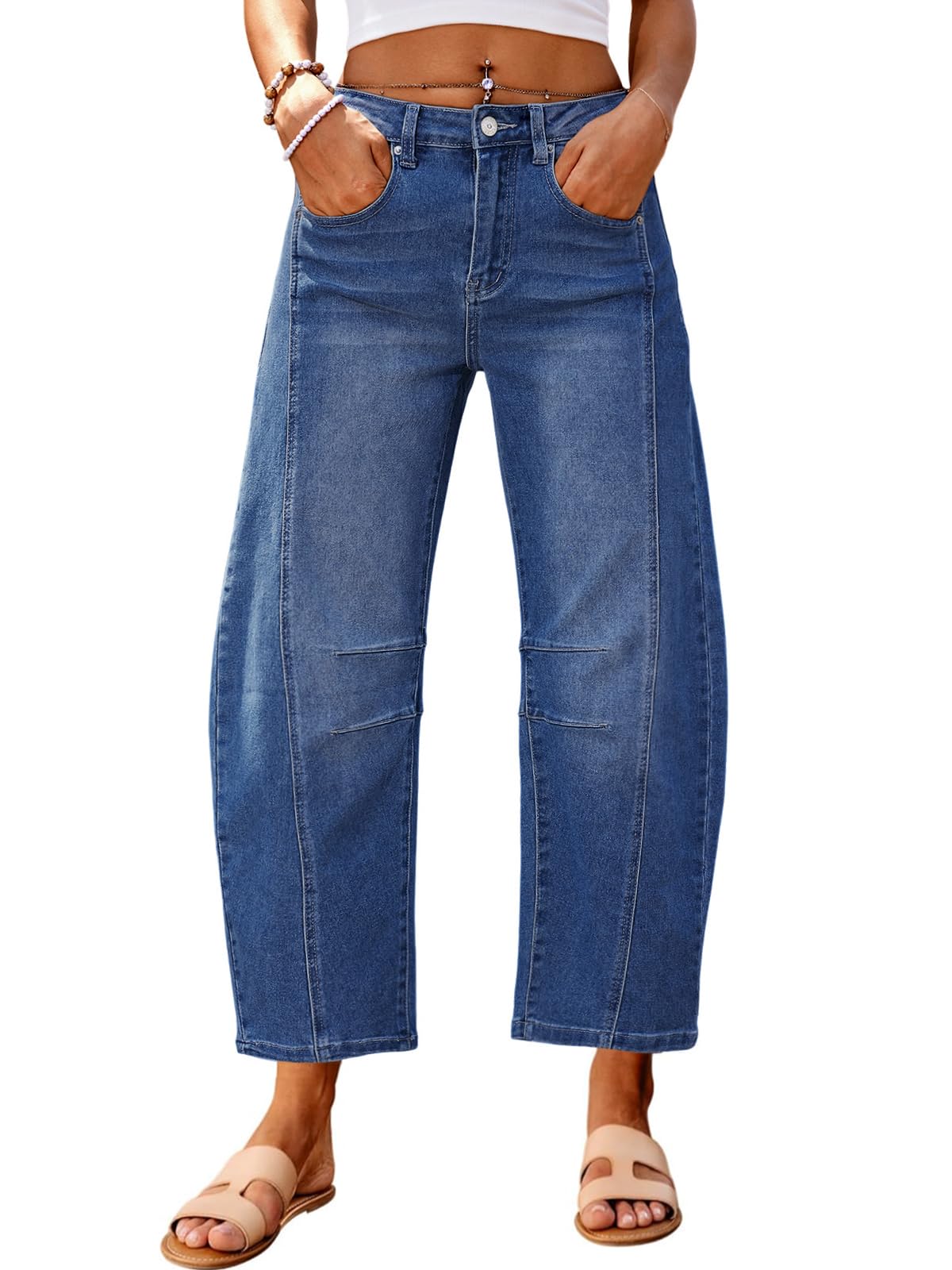 Genleck Barrel Jeans Women Wide Leg Cropped Jeans High Waisted Baggy Boyfriend Mom Denim Ankle Pants with Pockets