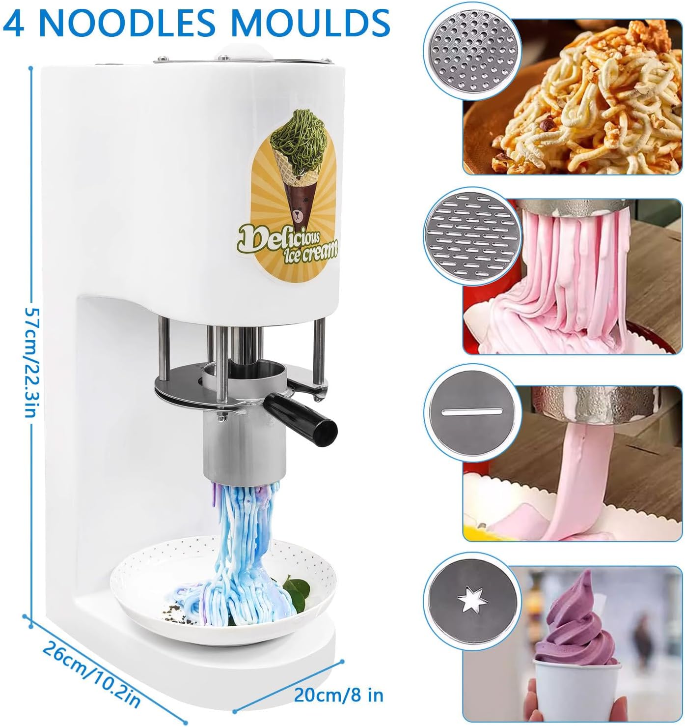 Commercial Spaghetti Ice Cream Maker, 80w Ice Cream Press Machine, 0.42l Stainless Steel Hopper, 4 Noodle Shape Molds, Easy use for Dessert Shops