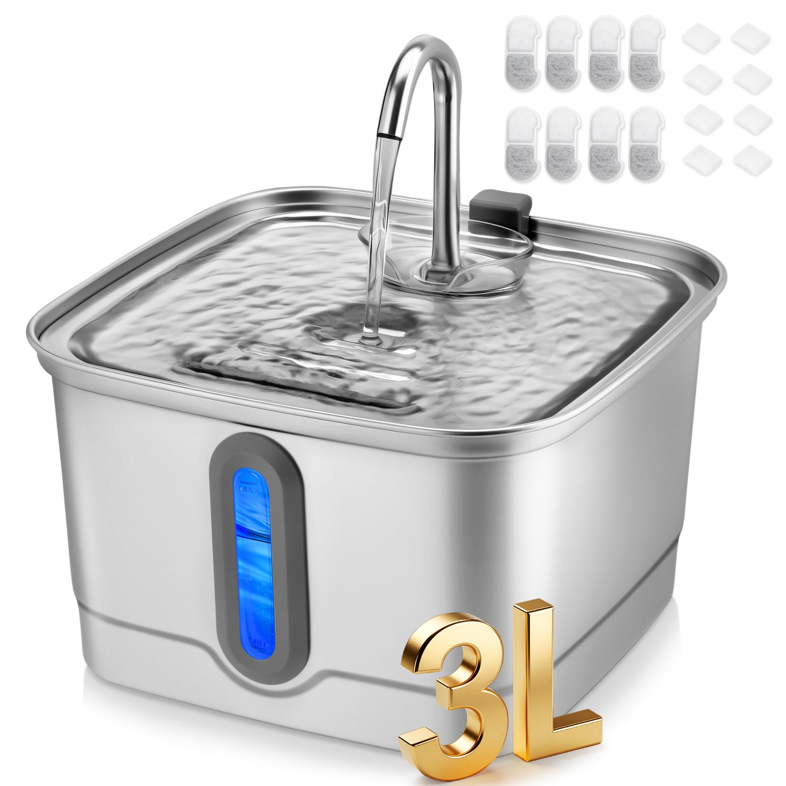 SEIRMEP Stainless Steel Cat Water Fountain, 101oz/3L Automatic Pet Water Fountain, Dog Water Fountain with Replacement Filters for Cats, Small Dogs (8 Filters and 8 Sponges)