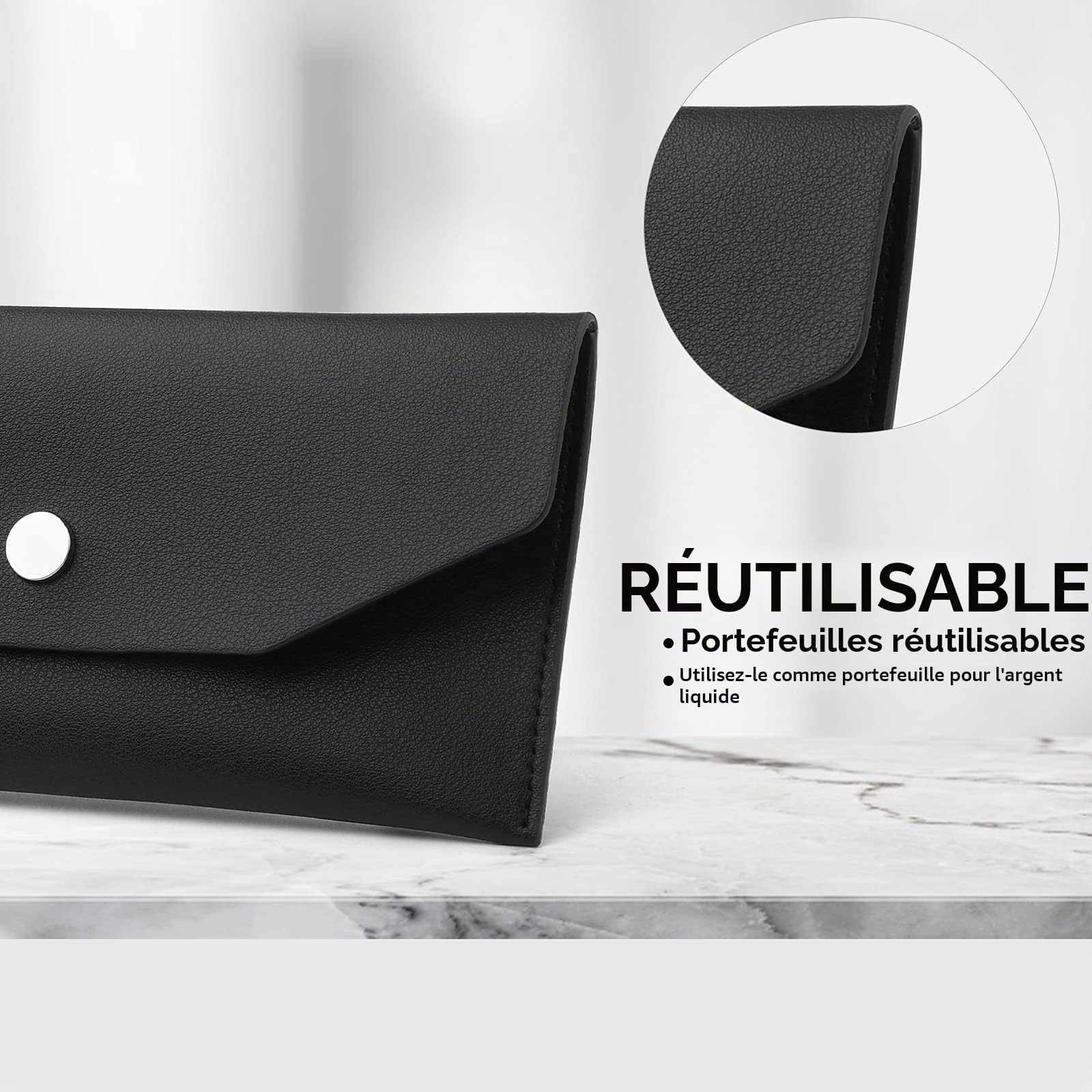 Molain Portefeuille d'enveloppe de trésorerie en cuir PU réutilisable 7,2 x 3,6 po Noir