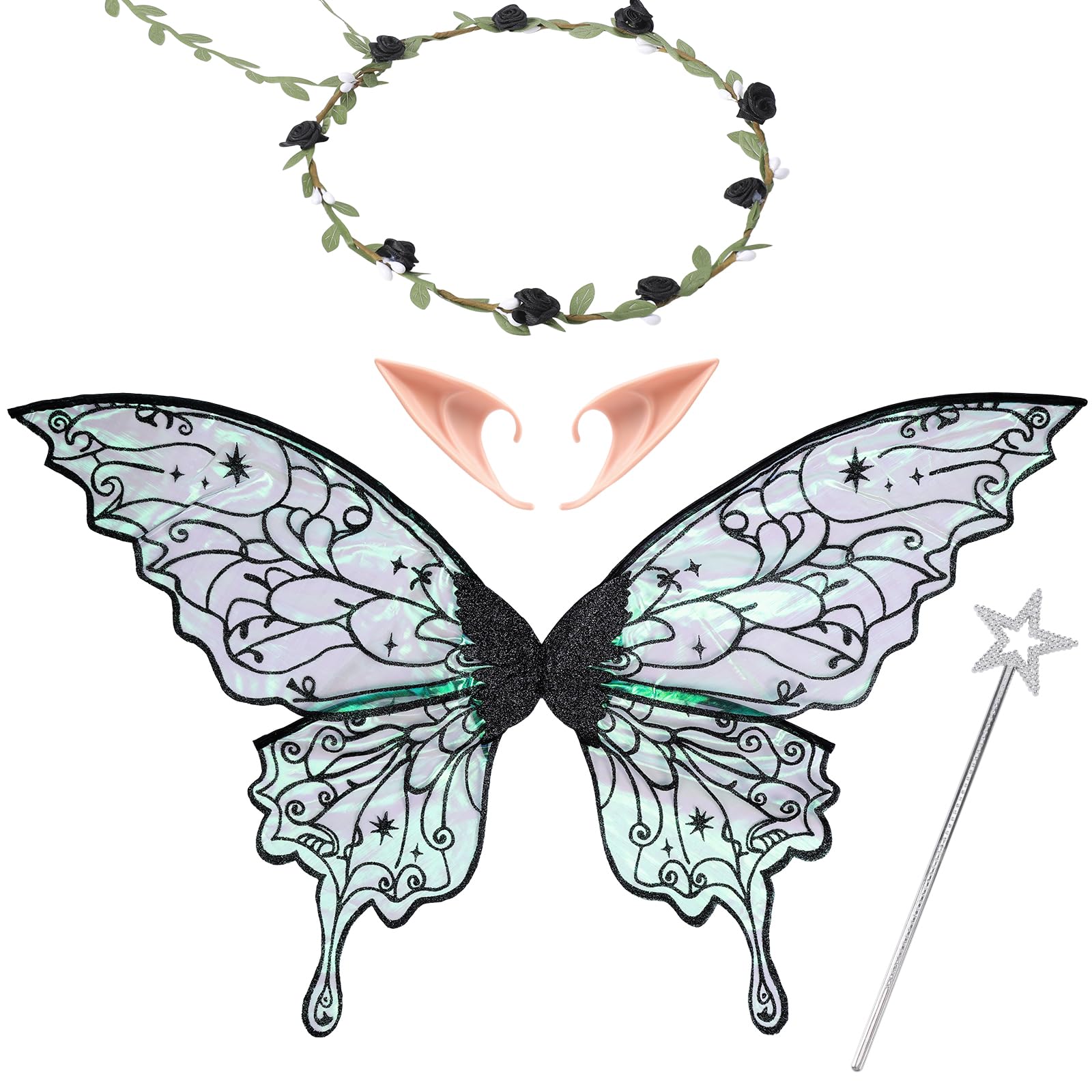 Pack of 4 Adult Fancy Dress Costumes for Carnival - Butterfly Wings Elf Ears Flower Wreath Fairy Wand Renaissance Renfaire FAE Cosplay Party Fairycore Costume Accessories Black Green — image 1