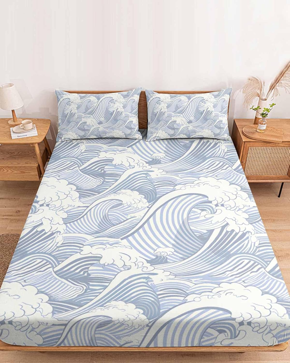 Bedding Queen Size Fitted Sheets Fit 5"-16" Deep Pocket Mattress,Abstract Ocean Wave Blue Stripe Soft Bottom Sheet Modern Marine Geometric Art Fitted Sheet Bed Set with Pillow Case