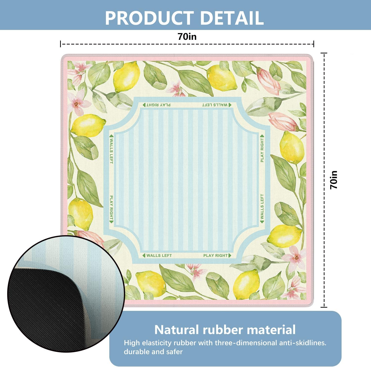 WHCHJ Light Blue Striped Lemon Mahjong Mat 31.5 x 31.5 in, Summer Italian Lemon Floral Botanical Anti-Slip Noise-Reducing Mahjong Mat for Table Board, Games Tile Games, Poker and Cards