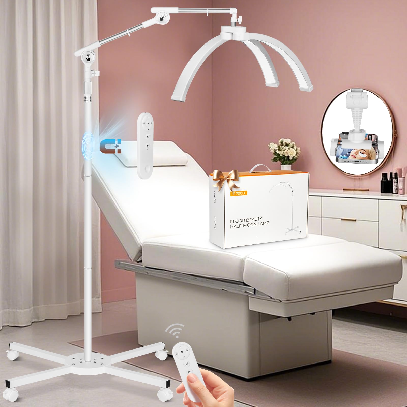 Photo 1 of HITTI Lash Light for Eyelash Tech, 2026 Upgrade LED Half Moon Lamp with 4 Wheel Rolling Base, Esthetician Light for Tattoo Artists, Beauty - Adjustable Brightness, Phone Holder, 360°Rotating-White