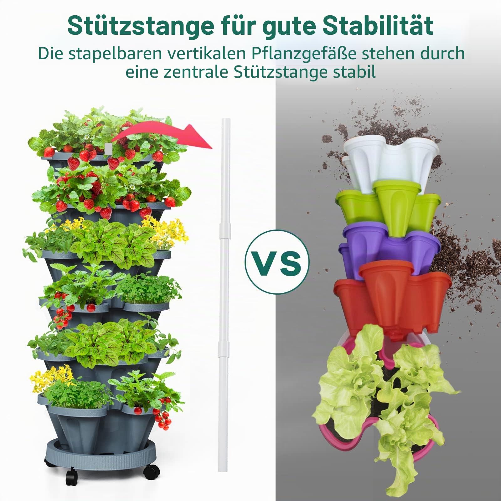 Vertikale Erdbeer-Pflanzgefäße für den Garten, 6-stöckiger stapelbarer Übertopf mit Stützstange, stapelbare Kräuter-Gemüse-Pflanzgefäße für drinnen und draußen, Dunkelgrau