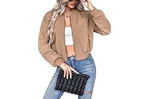 Women's Tan Jacket: Casual Drop Shoulder Long Sleeve Zip Up Bomber