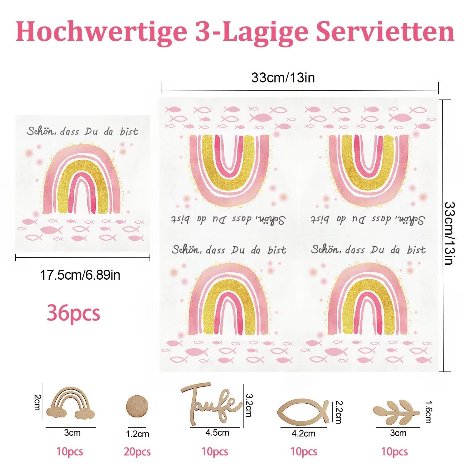 Servietten Konfirmation Regenbogen Fisch Set - 36 Servietten + 60 Holz Fische