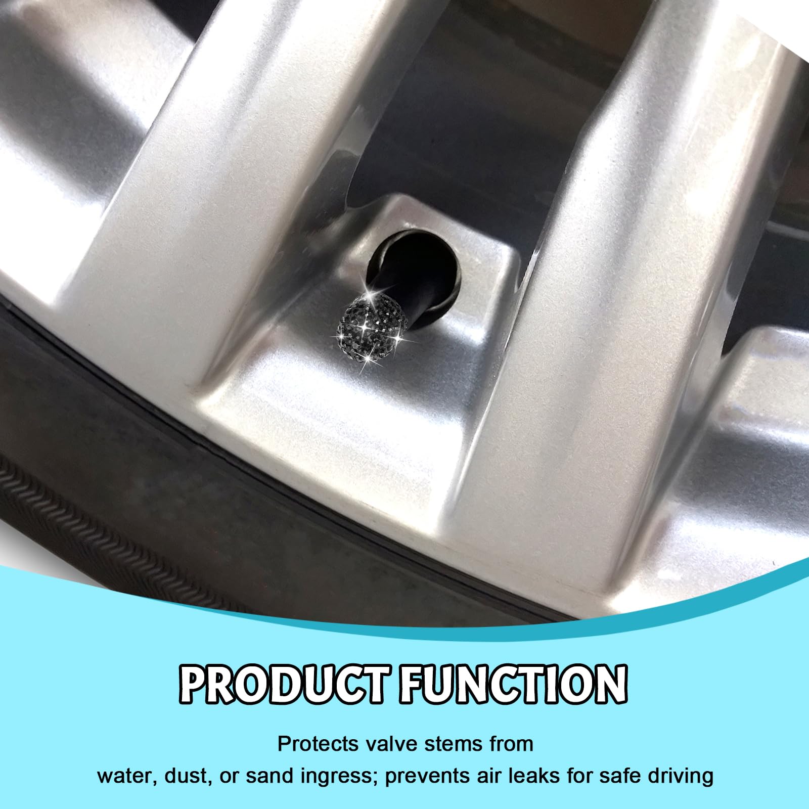 4Stück Ventilkappen Auto,Universelle Kristall Diamant Glitzer Strass Reifenventilkappen,Strass Ventilkappen Fahrrad,Ventilschaftdekoration für Autos,Kfz-Reifenventilstecker mit Strasssteinen (Schwarz) - 5