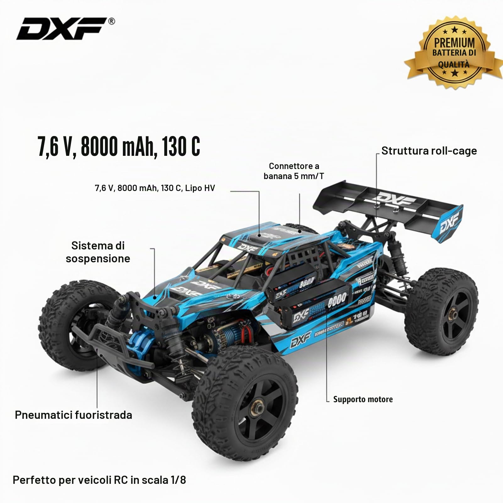 DXF Batteria LiPo 2S 7.6V 8000mAh 130C HV Spina Deans T Bullet 5mm Auto RC 1/8 1/10 Truck Buggy Alte Prestazioni Compatta Leggera Potente Gare Racing Modellismo 2 Pezzi