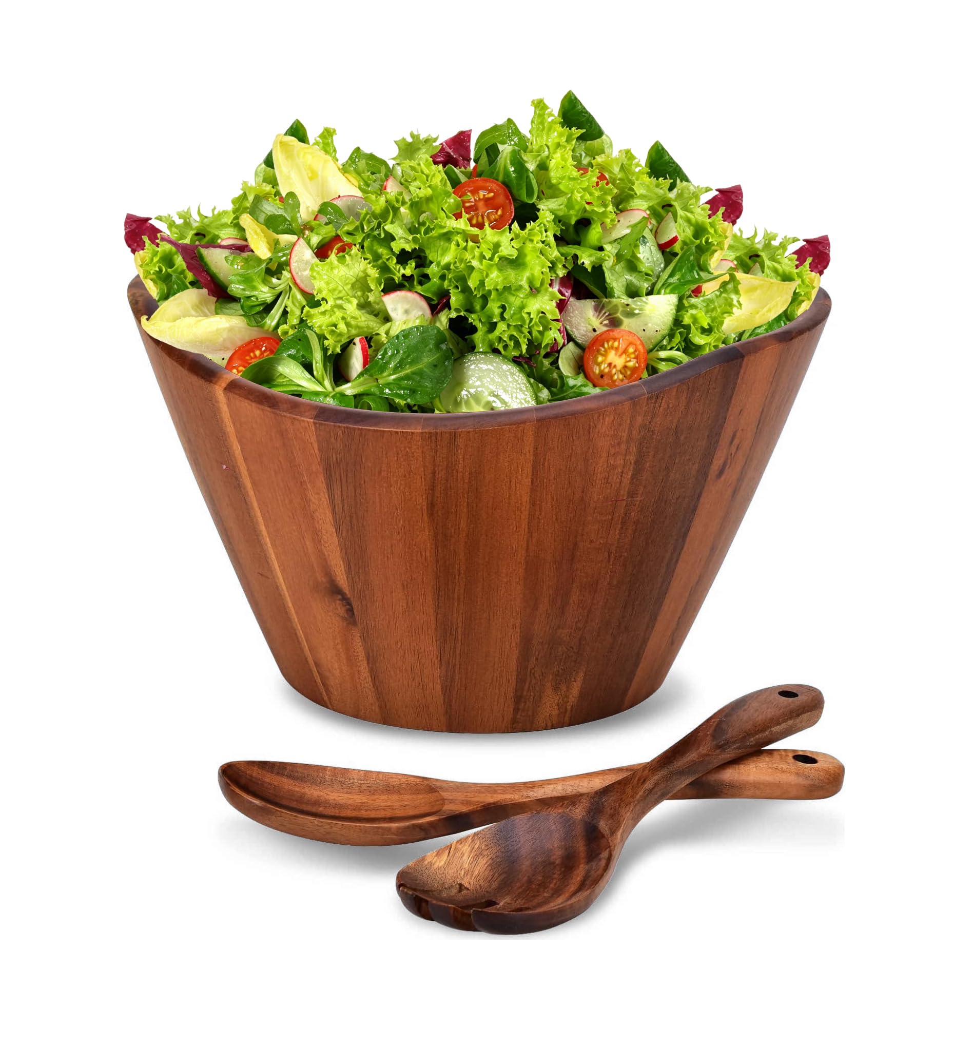 Bol à salade en bois d'acacia, bol à fruits et légumes – Grand bol à salade ondulé de 30,5 cm avec ustensiles, cuillère, fourchette pour servir, fait à la main, durable et élégant en bois