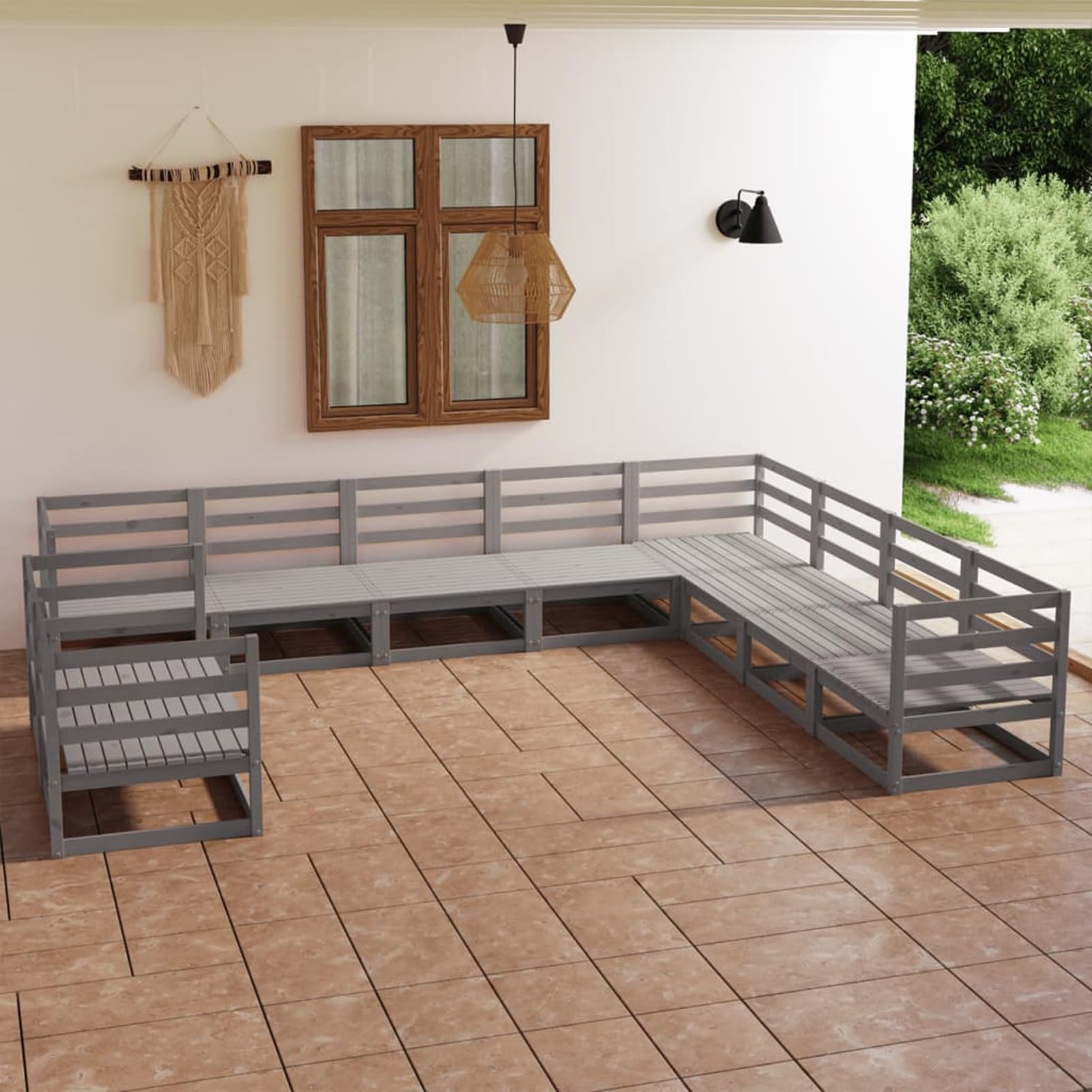 LAPOOH Muebles de jardín 10 Piezas, Conjunto De Jardin, Muebles Terraza Exterior, Conjunto De Jardin, Sofa Jardin Terraza, Gris Madera de Pino Maciza
