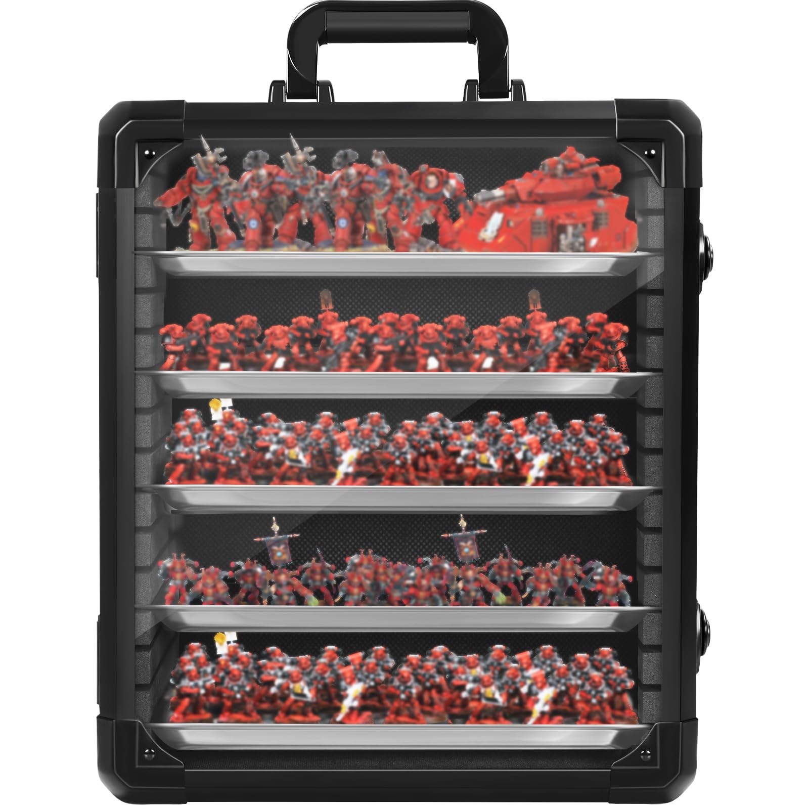 OUUTMEE Miniatures Storage Case, Miniatures Carry Case with Aluminium Alloy Frame, miniature Transport case with 5 Metal Trays, Lockable Box for Collectibles (Medium)