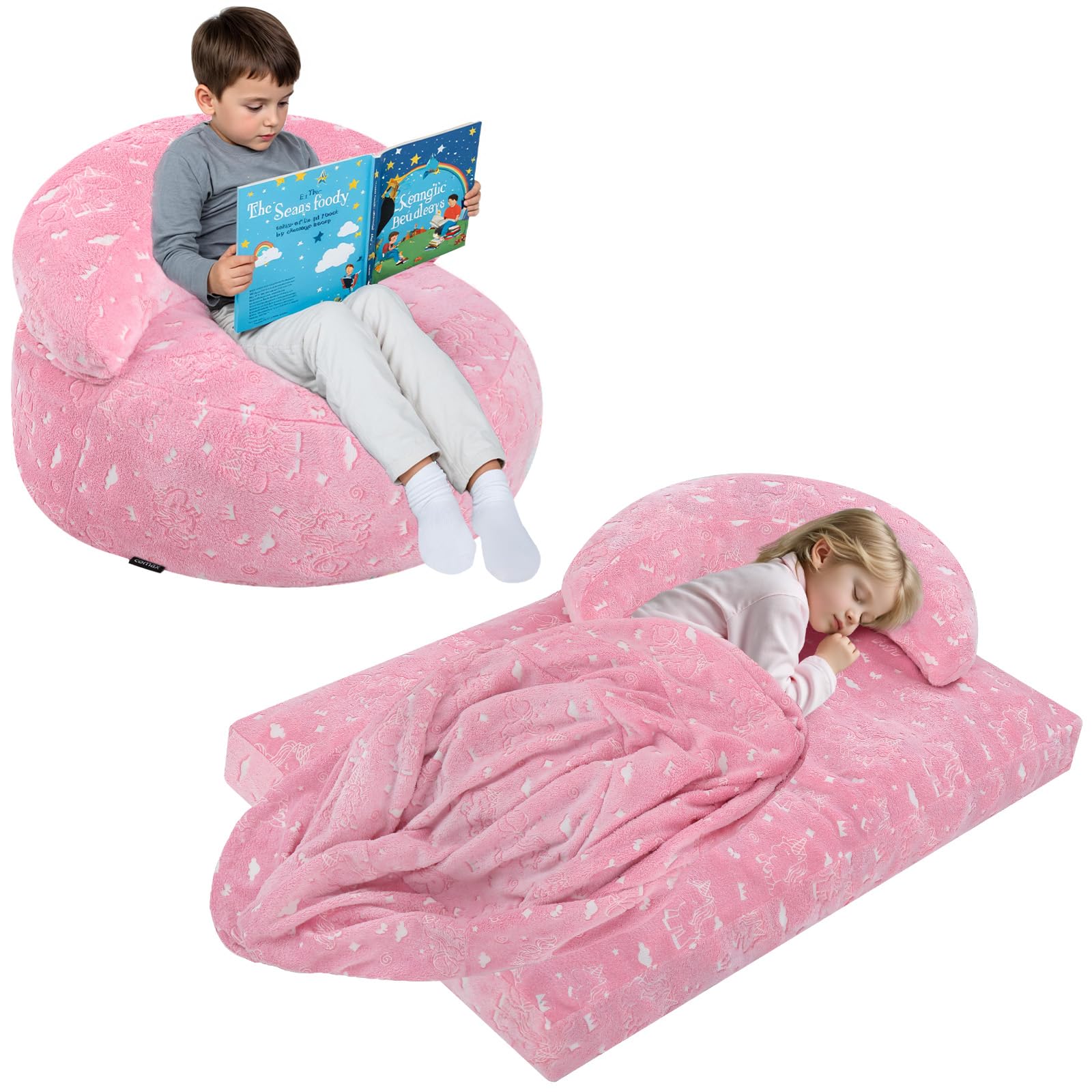 COMAX Bean Bag Chair for Kids, Dinosaur Convertible Toddler Beanbag Bed, Children Bean Chair Stuffed to Floor Mattress with Filler, Glowing Pink Unicorn