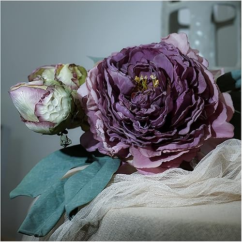 JJWASR High-end Big White Peonies Artifcial Flowers for Wedding Home Decor Fake Flowers for New Year Fall Decorations Flores Color Purple