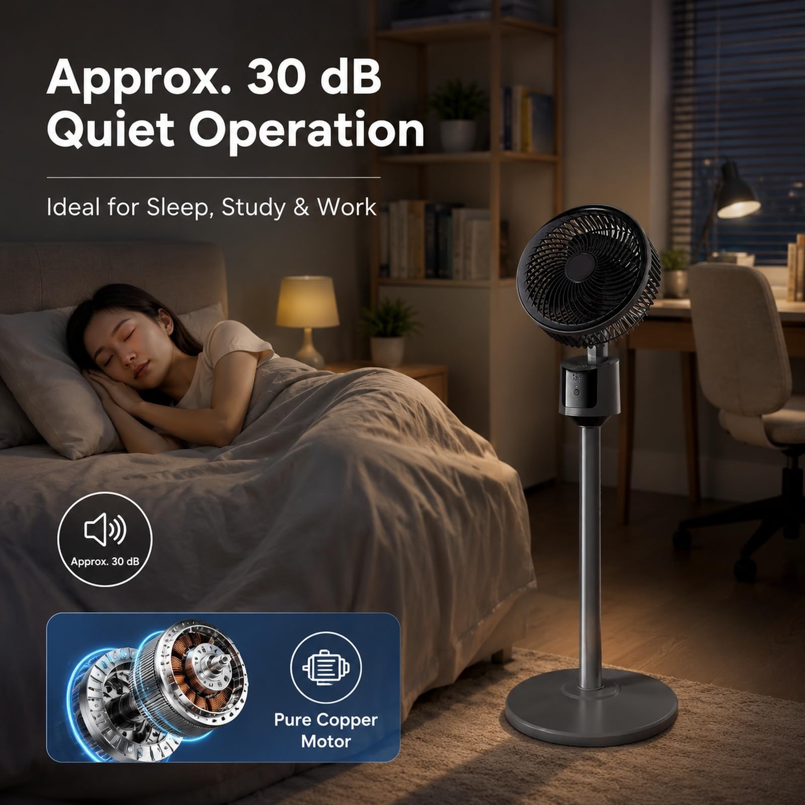 Ventilatore da terra da 30 dB per camera da letto, ventilatore USB da pavimento, 80 cm, 3 modalità, flusso d'aria 5 m, griglia protettiva e base a punta, per ufficio, dormitorio, camera da