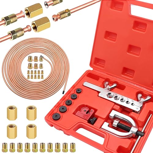 Tnisesm Kit de línea de freno con revestimiento de cobre 14 de 25 pies + línea de freno de aluminio de cobre, kit de herramientas de doble y simple