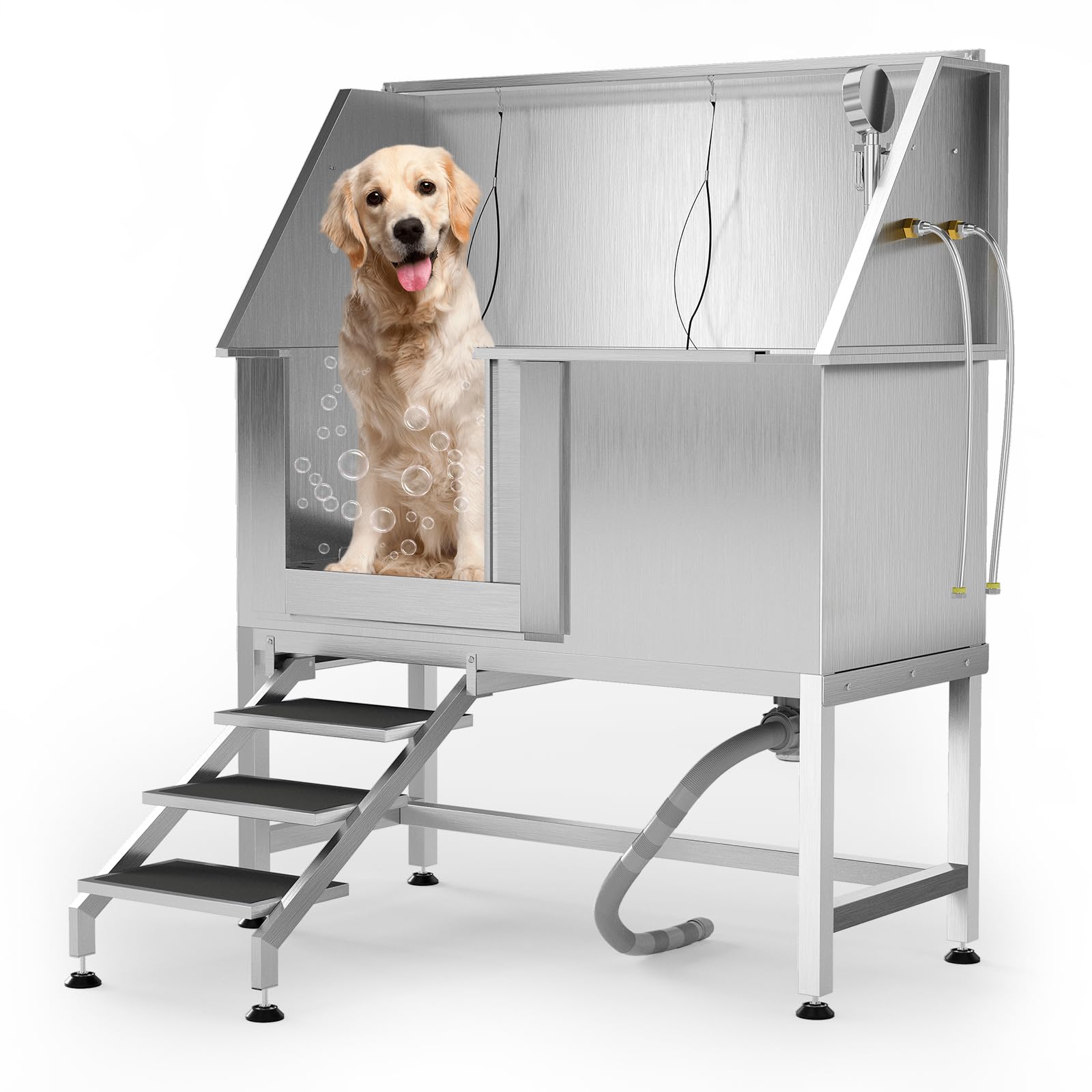 GarveeTech 50 in Stainless Steel Professional Dog Washing Station - Pet Bathing Tub w/Non-Slip Stairs | Slip-Resistant Floor Grate | for Large/Medium/Small Dogs, Left Door, Stair