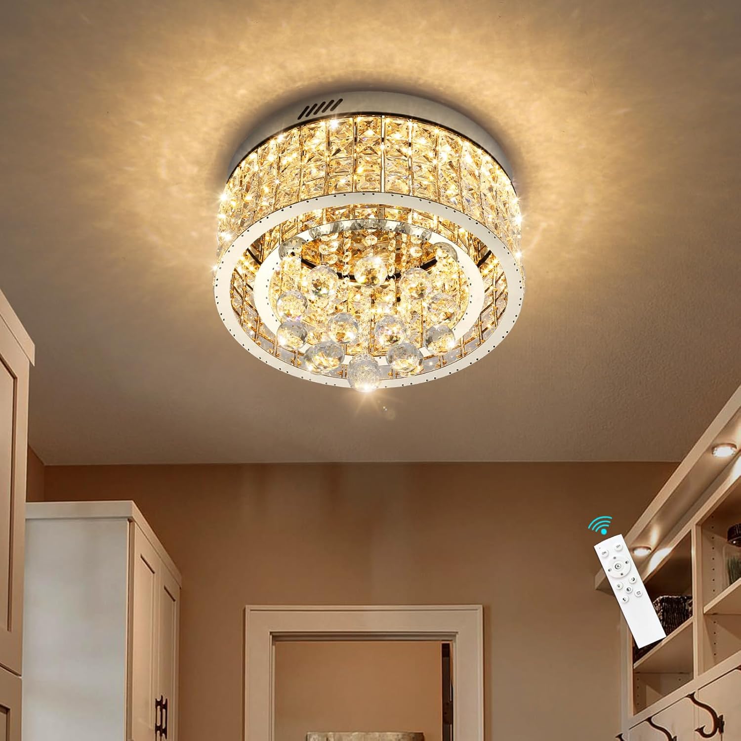 15.8'' Crystal Dimmable Chandeliers for Living Room Modern LED Chandeliers Glam Chandelier Flush Mount Ceiling Light Fixture Dining Room Bedrooms Silver