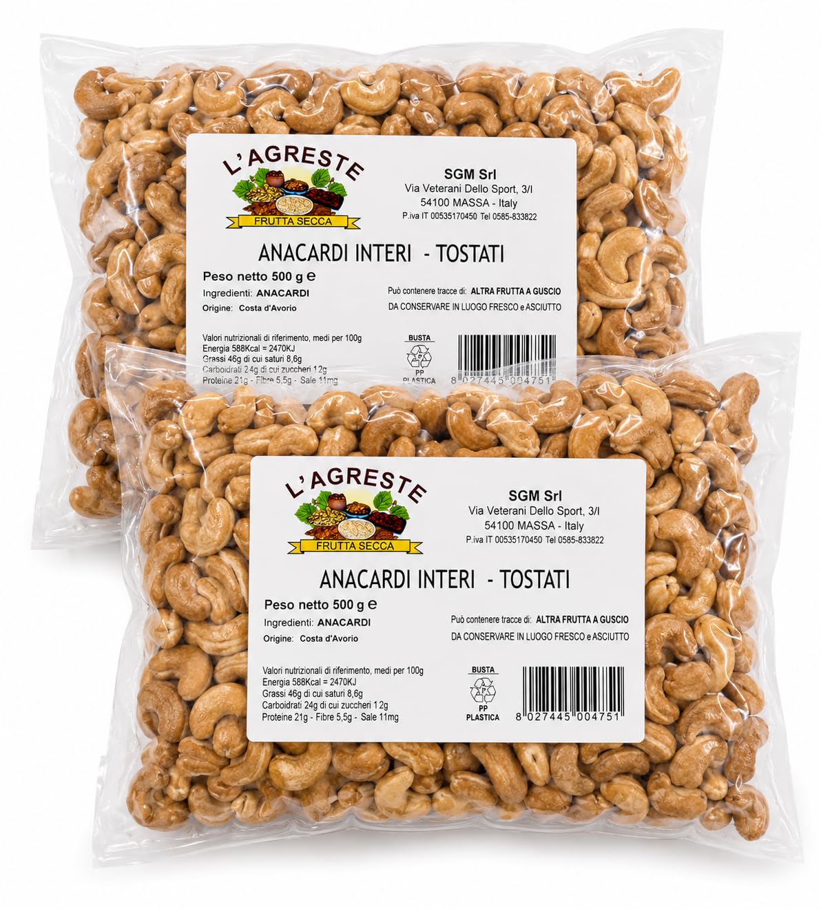 L'AGRESTE - ANACARDI TOSTATI NATURALI - Senza sale, senza olio - Confezione da 1 Kg Sottovuoto Salva Freschezza