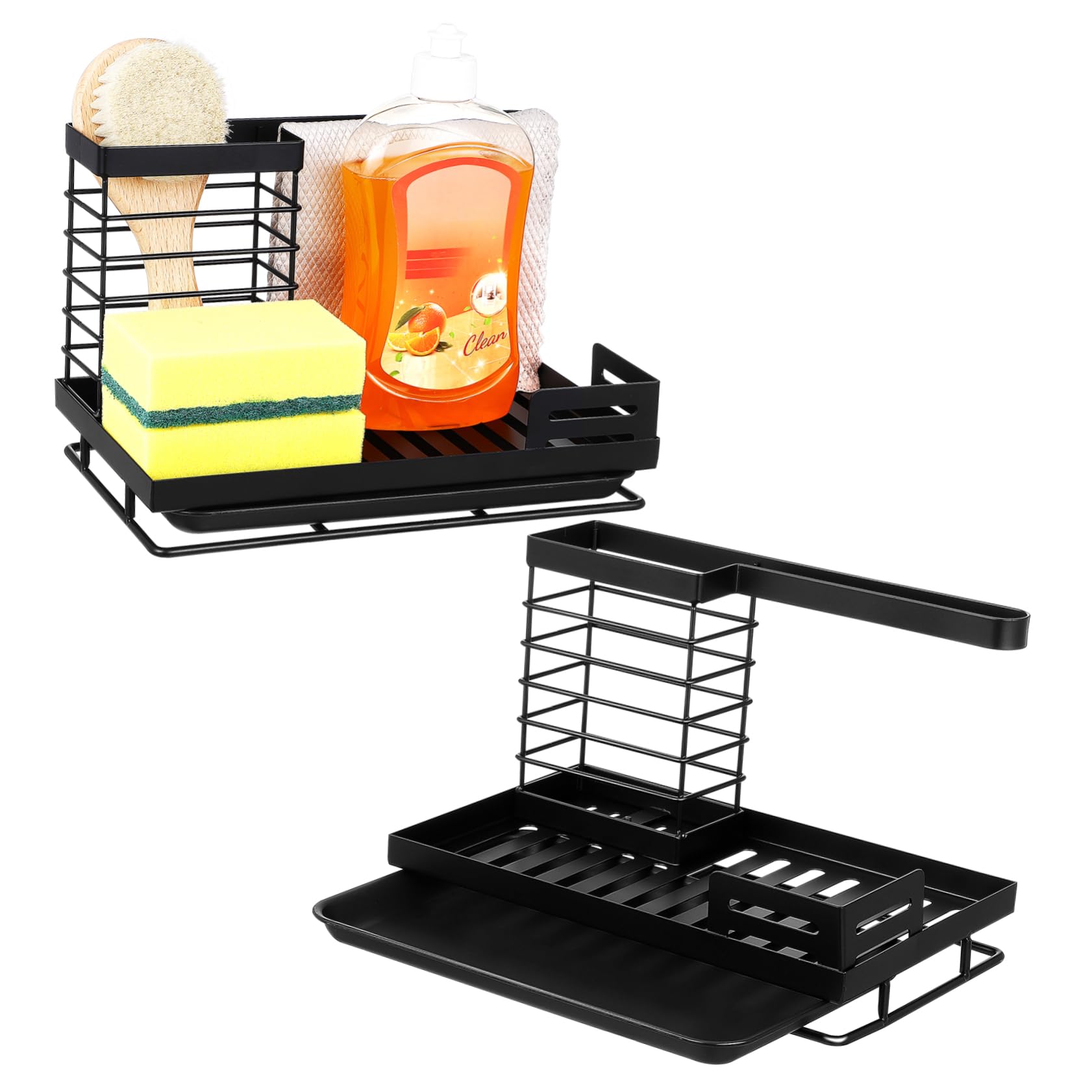 ULTECHNOVO Porta Spugne Cucina Design a Strati Anteriore e Posteriore in Acciaio al Carbonio 2 Pezzi Nero e Vassoio per Scolatura per Ambienti Casa e Banconi