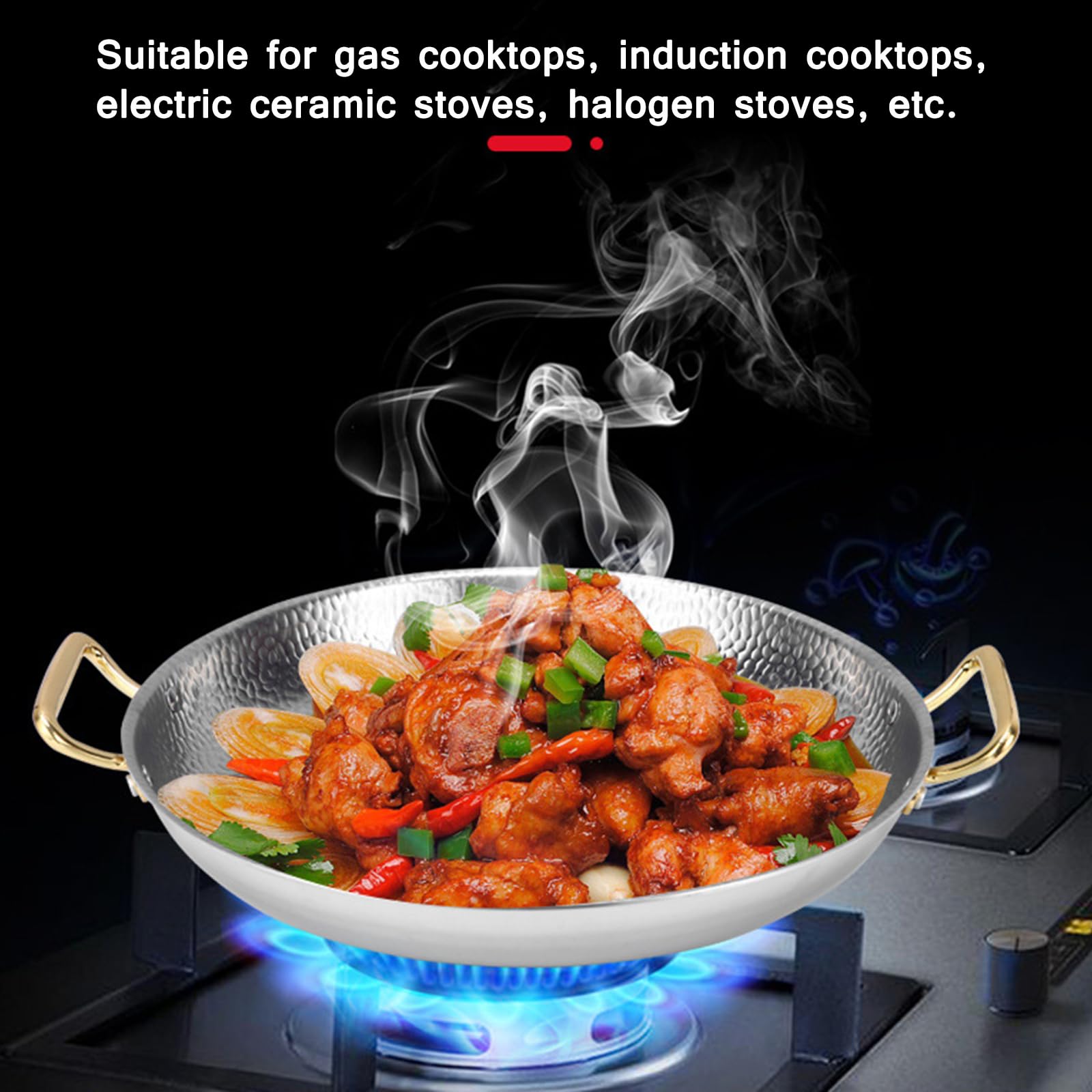 SVRITE Paellera de acero inoxidable martillada a mano de 16 a 36 cm, antiadherente, doble asa, wok, tradicional mariscos, España, plato para servir filetes para el hogar, cocina, restaurantes (22 cm