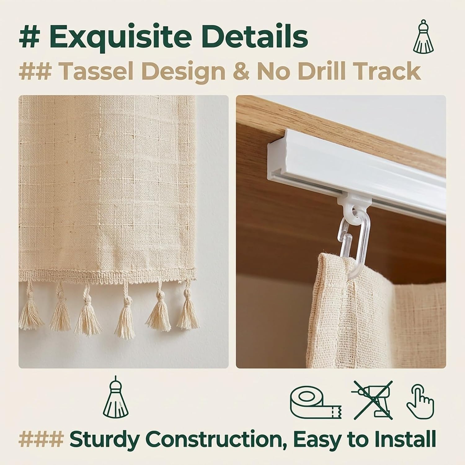 Cotton Linen Shelf Curtain,Boho Fringe Trim,No‑Drill Track