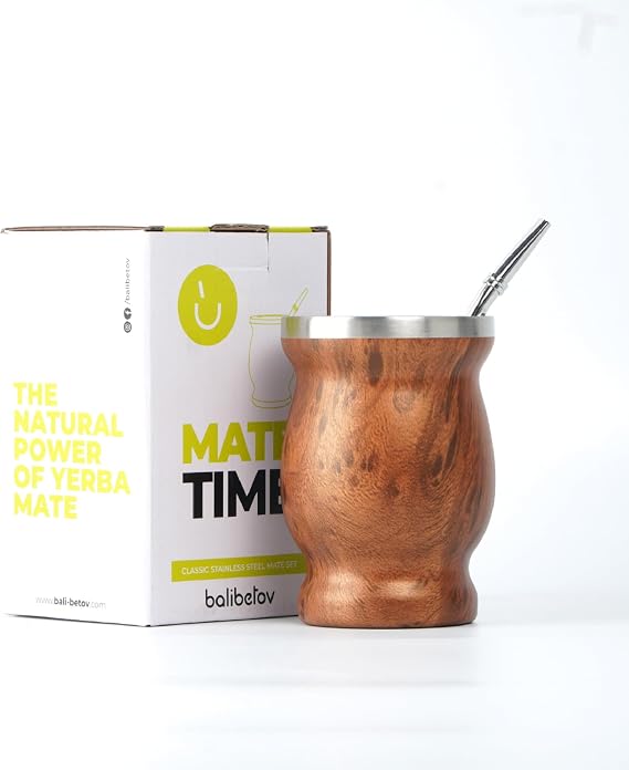 BALIBETOV Mate Cup And Bombilla Set - Yerba Mate set Includes One Yerba Mate Cup, Two Bombilla Mate Straw and Brush - Stainless Steel Double-Wall | Easy to Clean Yerba Mate Gourd Wood