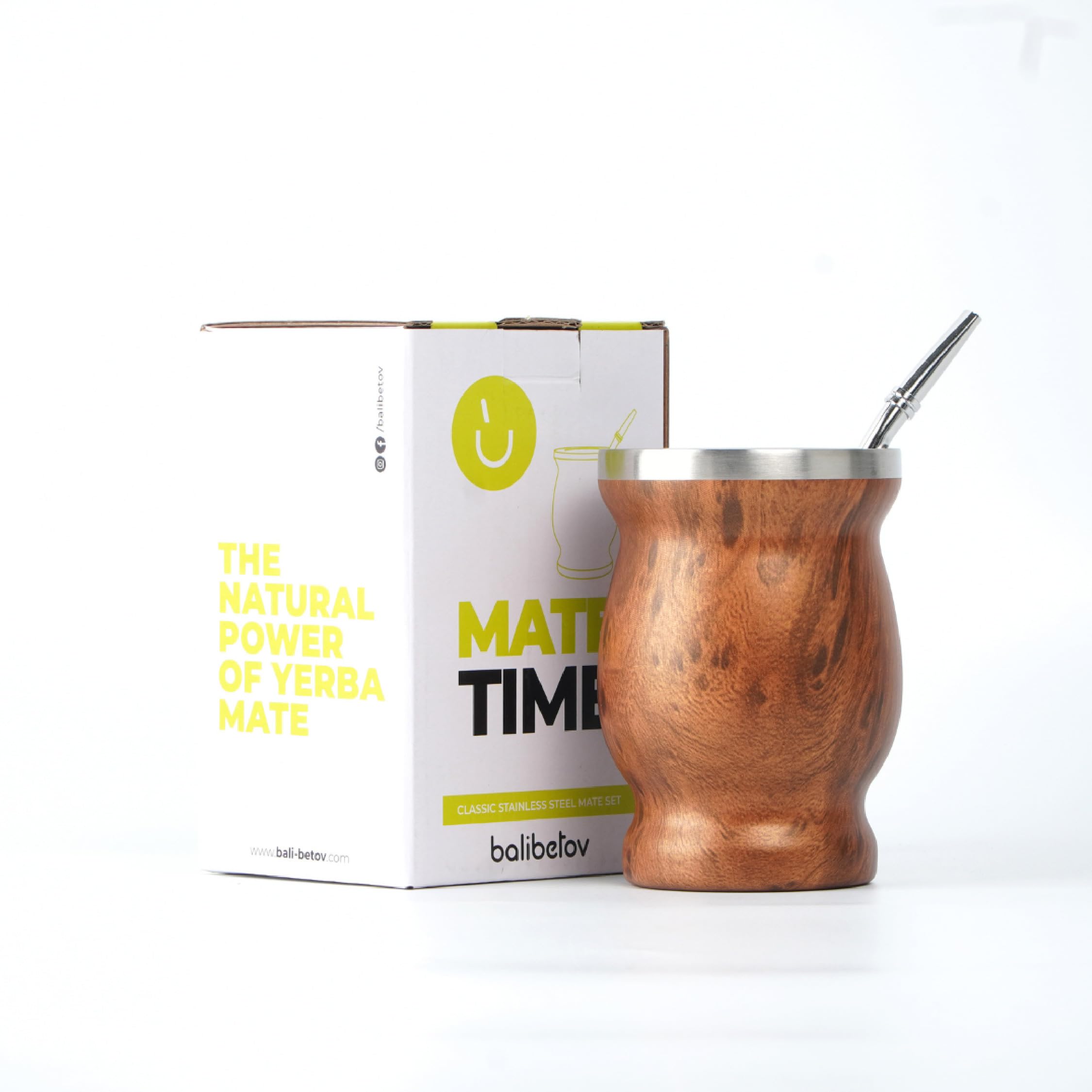balibetov Mate Argentino - Kit Vaso para Mate de Doble Pared de Acero Inoxidable, Dos Bombillas y cepillo para Limpiar la Bombilla, resistente y elegante (Madera)