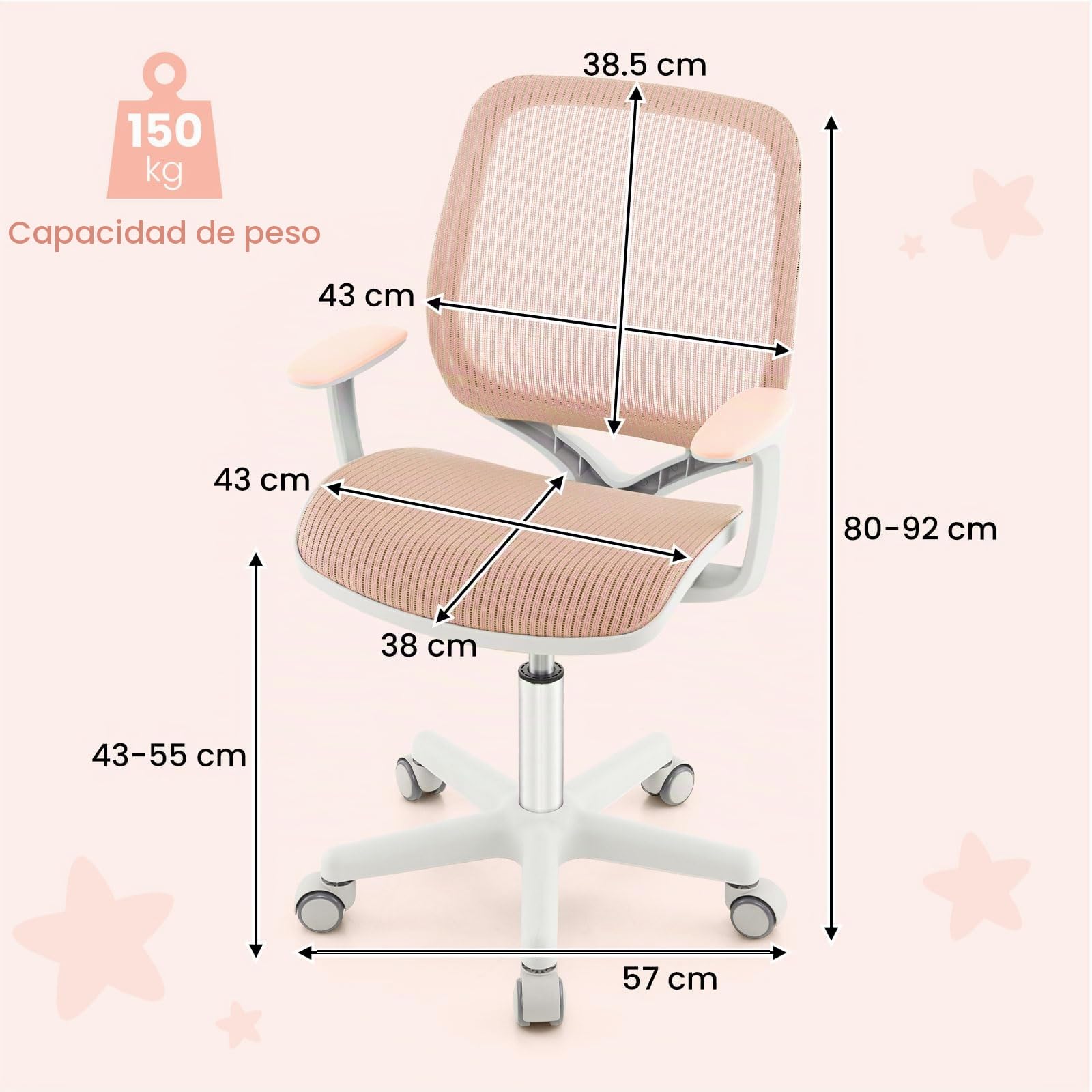 FANTASK Silla de Escritorio ergonómica para niños, Altura Regulable 43-55 cm, Silla giratoria de 360 ° con Respaldo y reposabrazos, Silla de Oficina con 5 Ruedas bloqueables, para niños a Partir de 6