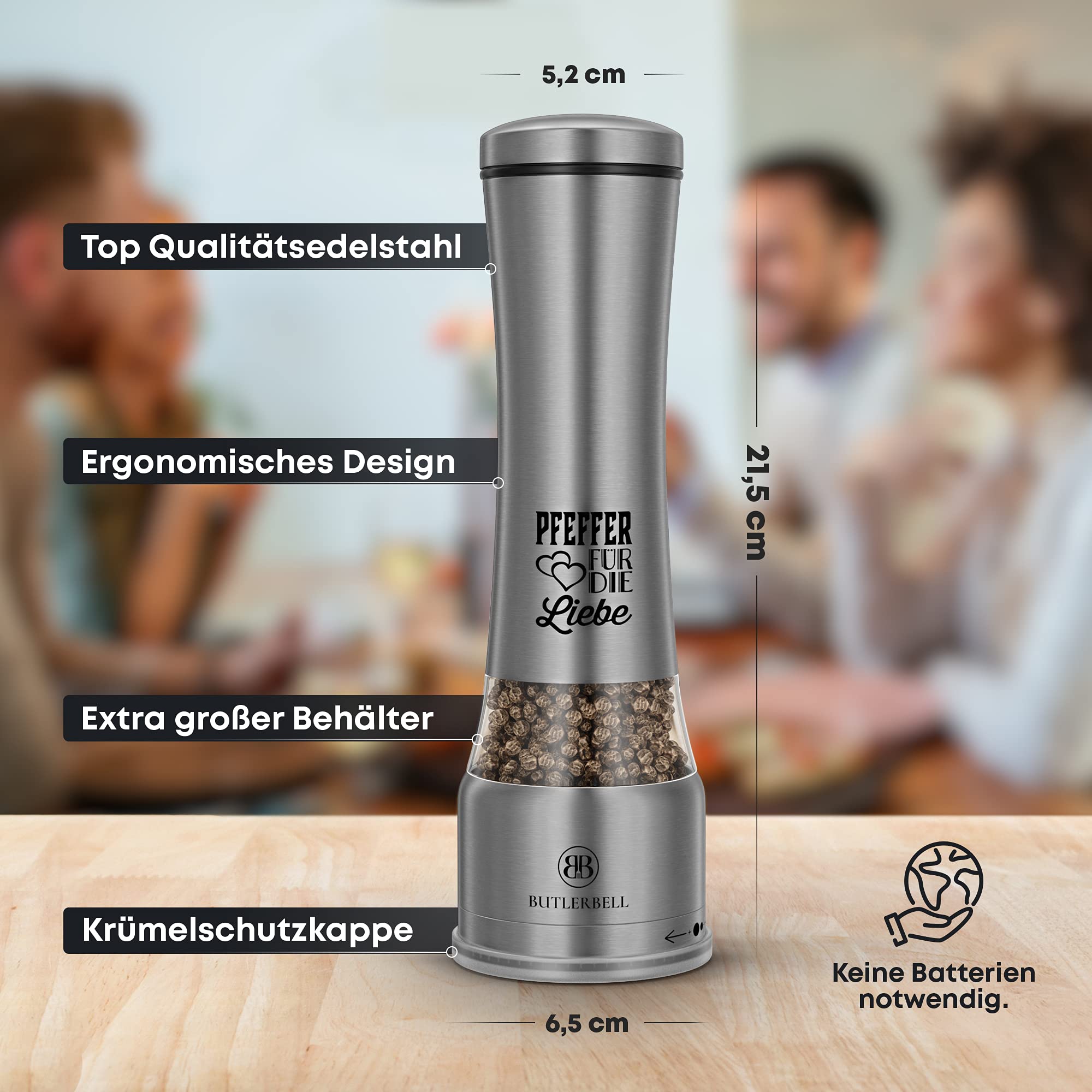 BUTLERBELL® Salz und Pfeffermühle mit Keramikmahlwerk | Gewürzmühlen Set | Hochzeitsgeschenke für Brautpaar