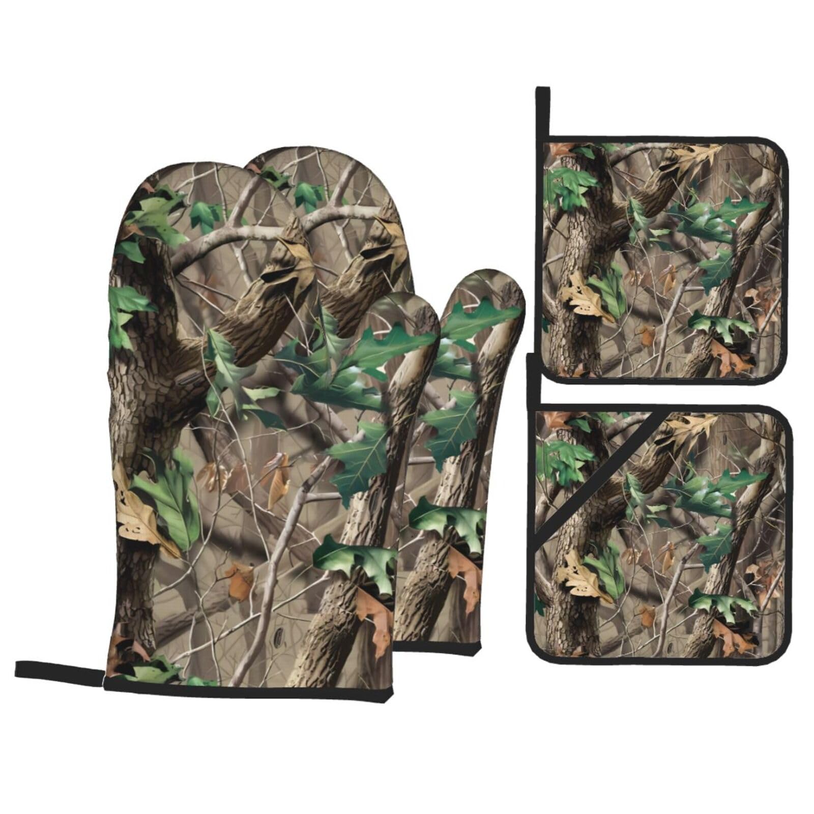 HJFCZH Hardwoods Green Camo Prints Kitchen Throw Set: Durable Oven Layers with Waterproof Polyester – 4 Piece Heat Protection System