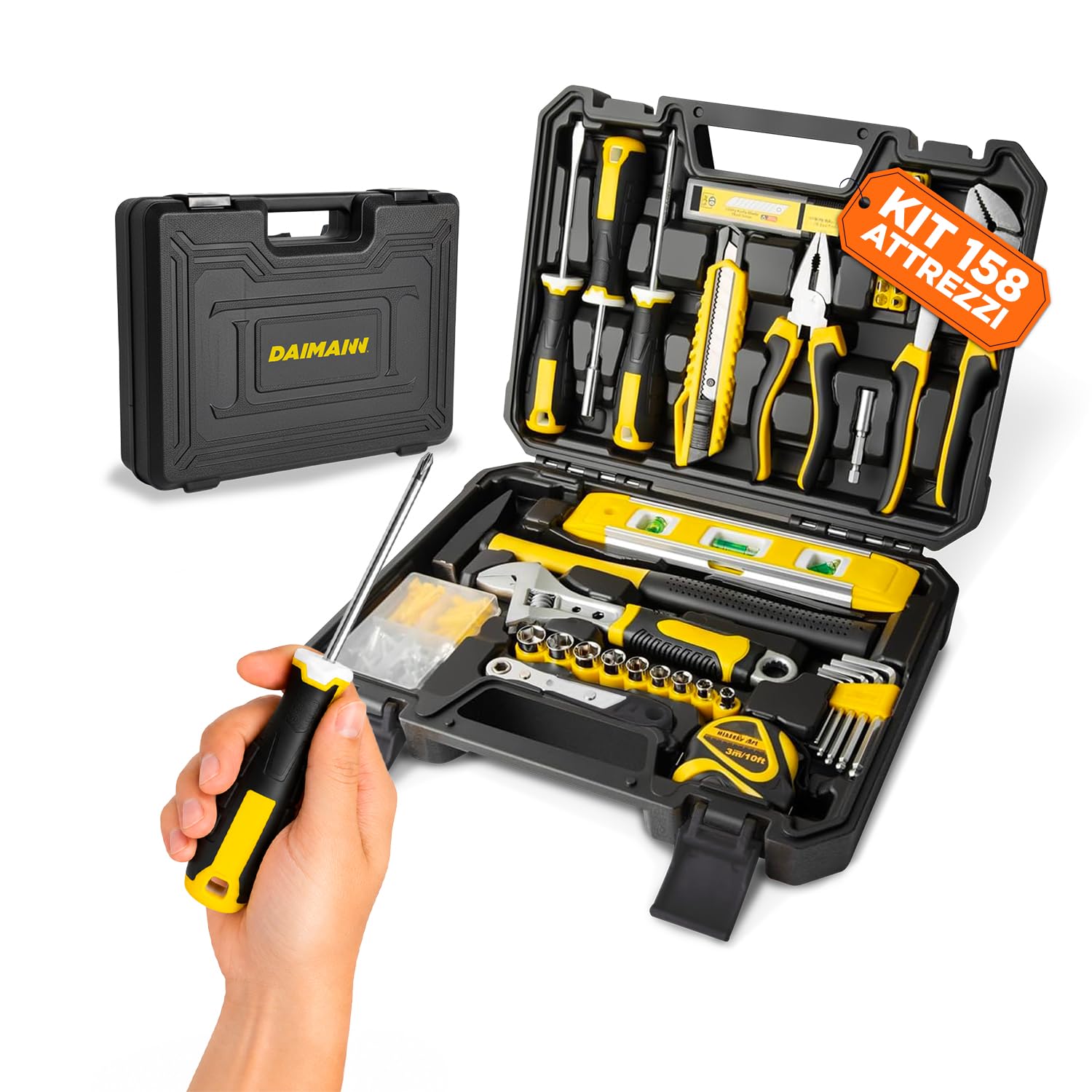 Avilia - Set di Attrezzi da Lavoro 158 Pezzi + Valigetta Rigida - Kit Professionale Fai-da-te - Assortimento Completo di Punte/Cricchetto/Pinze/Martello/Livella/Metro/Taglierino - Utensili in Acciaio