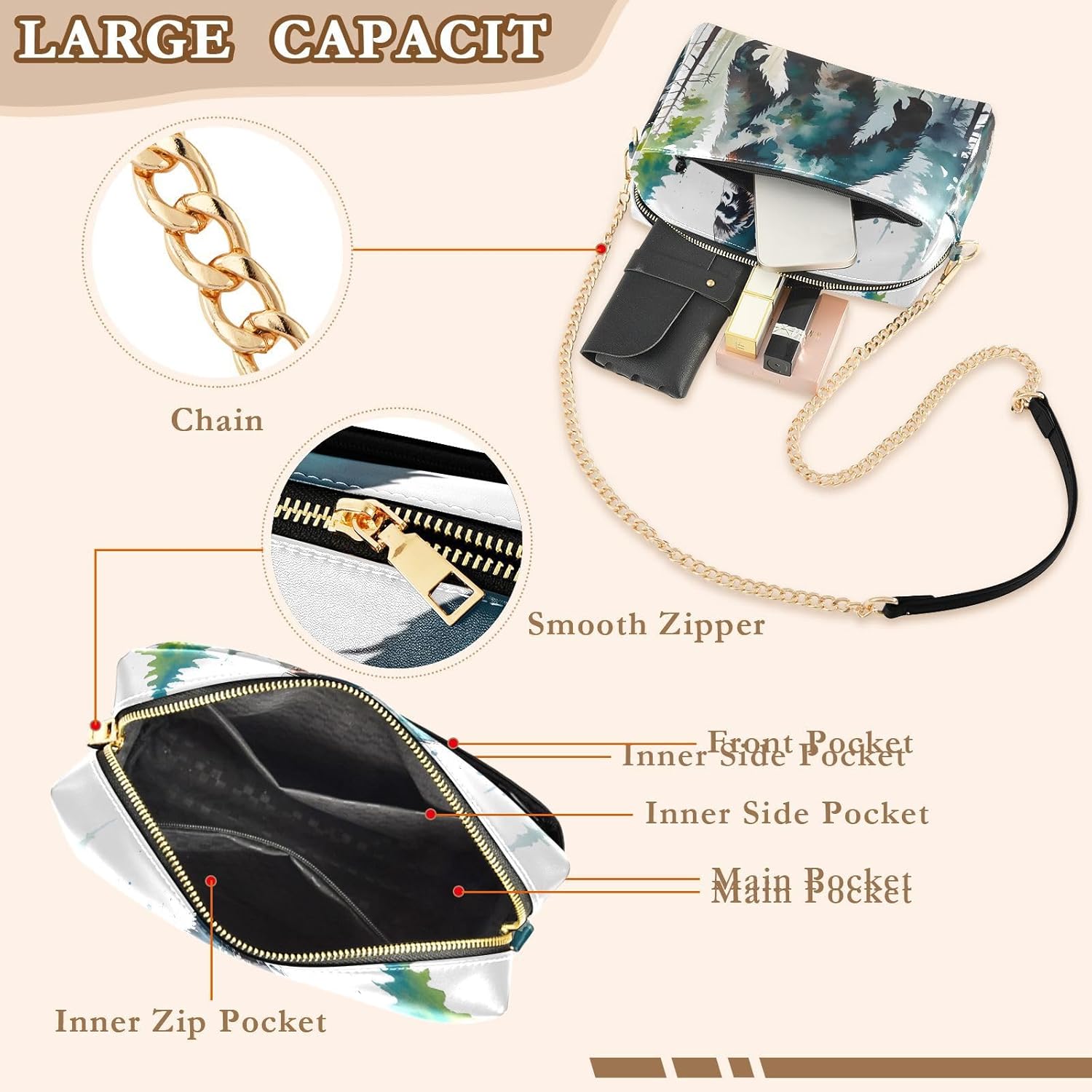 Watercolor Gorilla Women's PU Leather Crossbody Bag Shoulder Handbag Cellphone Purse with Metal Chain Strap Water Resistant Zipper Closure