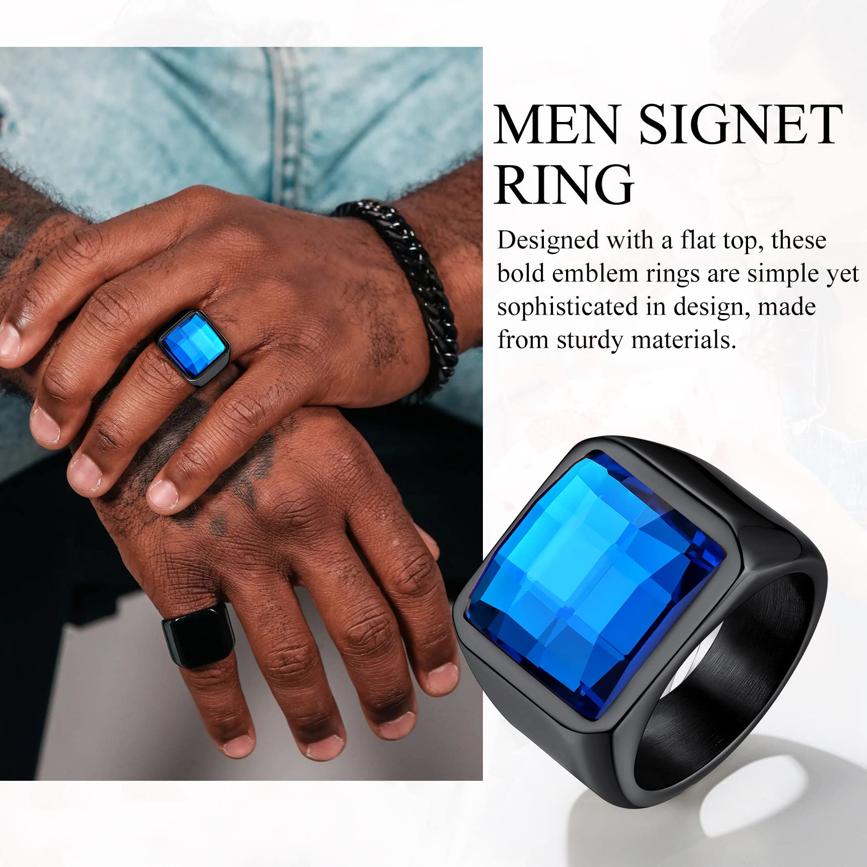 Bestyle Anillo Hombre Grande Anillos de Sello Cuadrado 15mm Ancho Anillo con Piedra Negro/Azul Anillos Acero Inoxidable Personalizados Anillos Hombre Tamaño 14.5-32.5