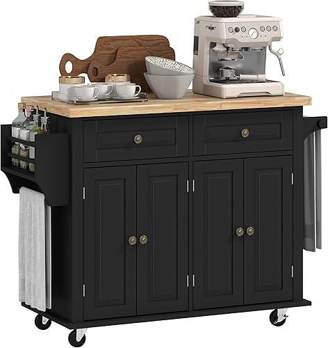 HOMCOM Carrito de isla de cocina con parte superior de madera de goma, mesa de isla de cocina con ruedas con cajones, estantes ajustables, estante