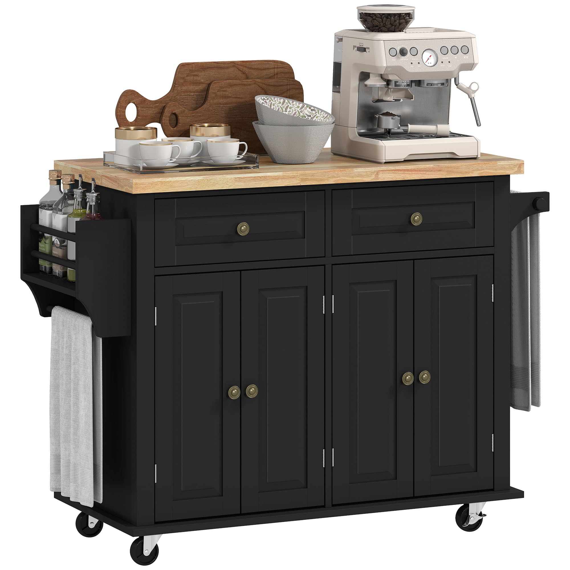 HOMCOM Kitchen Island on Wheels, Rolling Kitchen Storage Trolley with Rubber Wood Top, Drawers, Adjustable Shelves, Towel and Spice Rack for Dining Room, Black