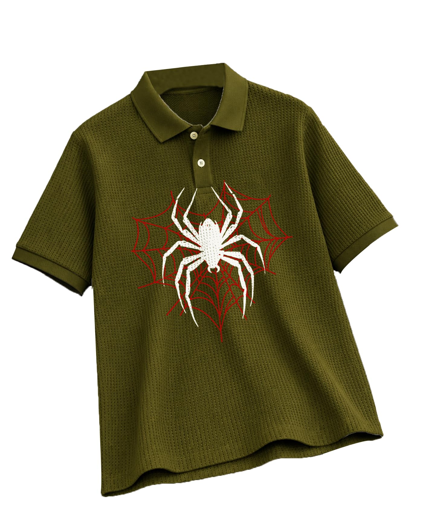 AUSK Men's Spider Graphic Polo T-Shirt Green Olive - Image 1
