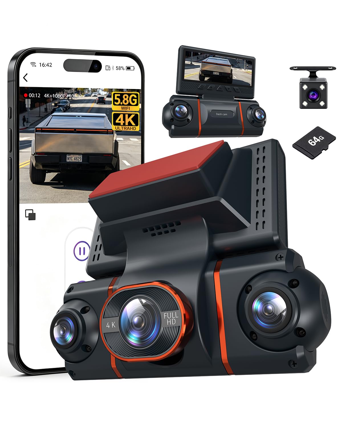 4K+1080P*3 FHD Dash Cam Front and Rear, 360° Car Camera, 5.8GHz WiFi 20MB/s