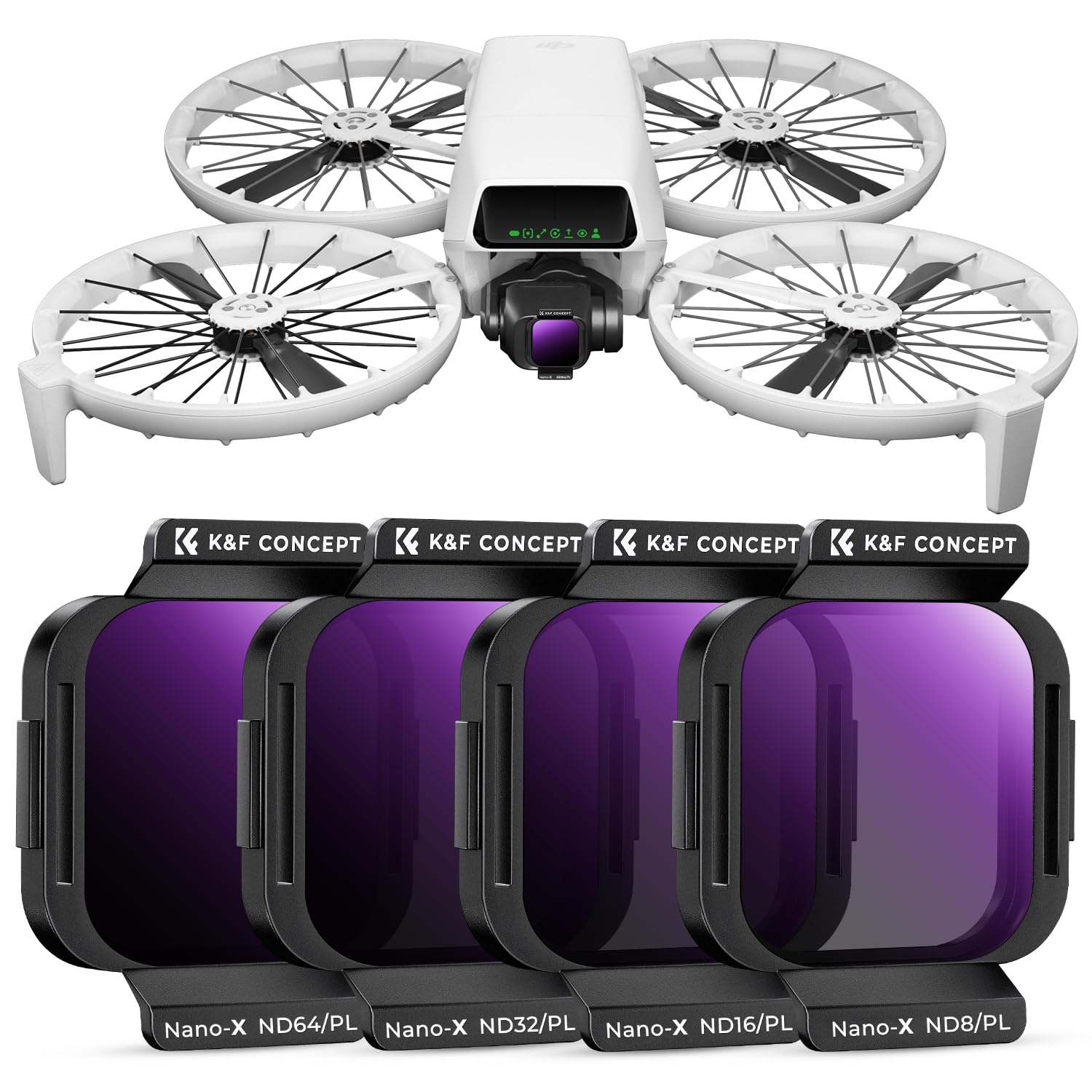 K&F CONCEPT Lot de 4 filtres ND/PL compatibles avec DJI Flip, ND8/PL ND16/PL ND32/PL ND64/PL ND64/PL Filtre polarisant à densité Neutre Kit de filtres d'objectif de caméra pour Drone HD Optique
