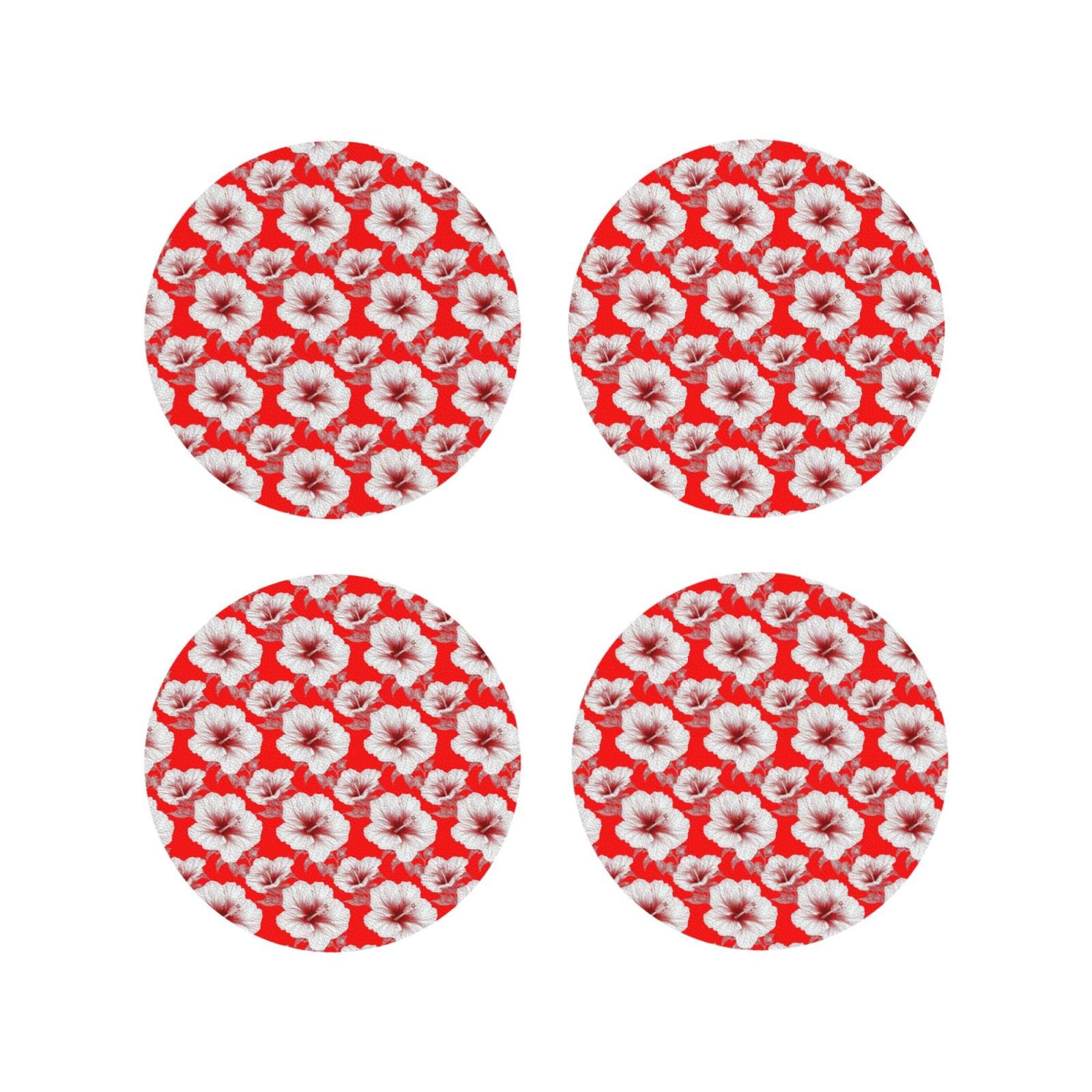 Smazdfxx Women's As Pic Leather Coasters Set Of 4 - Bright Red Flower Print Lightweight Drink Coasters For Desk