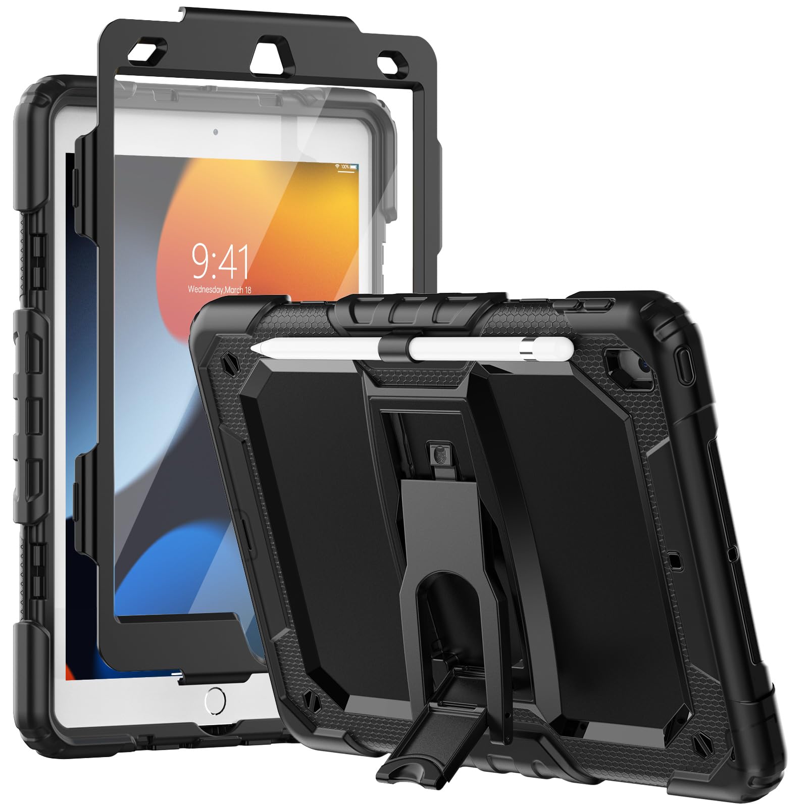HXCASEACShockproof Case for iPad 9th / 8th / 7th Generation 10.2 inch, with Pencil Holder & Built-in Screen Protector & Foldable Stand (2021/2020/2019) - Black