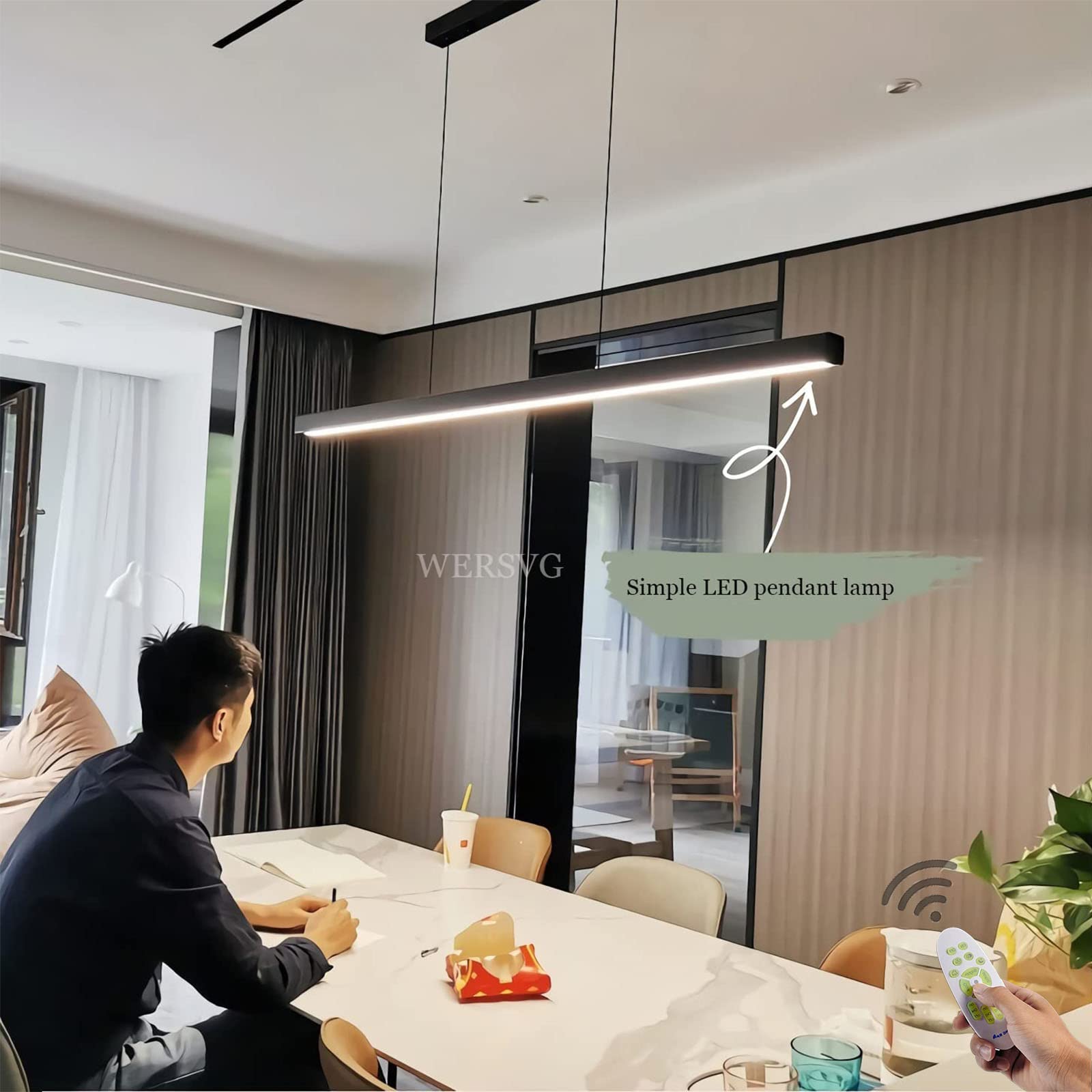 LED creatieve lineaire ontwerp hanglamp eettafel lamp met afstandsbediening hanglamp in hoogte verstelbare hanglamp voor gebruik binnenshuis voor eettafel eetkamer kroonluchter (Wit, L120cm/48W