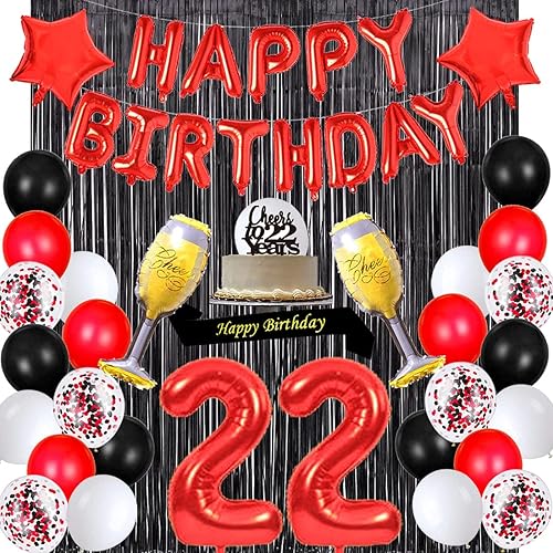 Santonila 22 cumpleaños decoraciones de felices cumpleaños Banner Faja Cheers To 22 Años Decoración para tarta Número 22 Confeti Látex Globos Negro