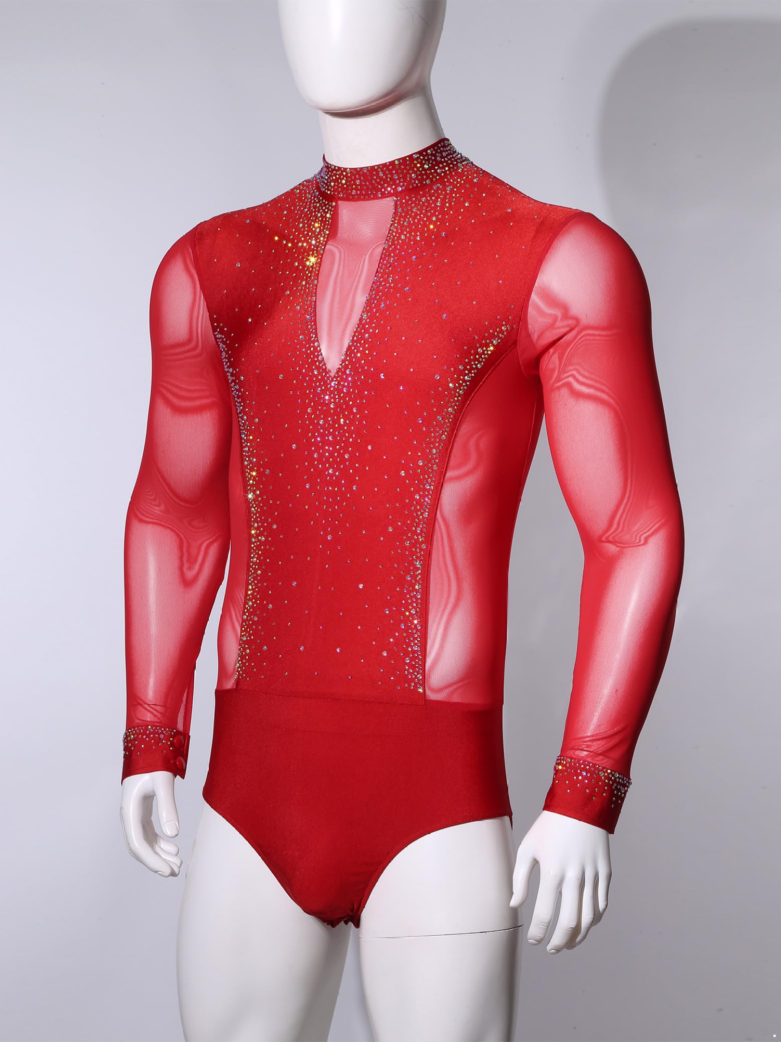 Body de manga larga para hombre, de malla de patchwork, para danza latina, body con brillantes brillantes de estrás