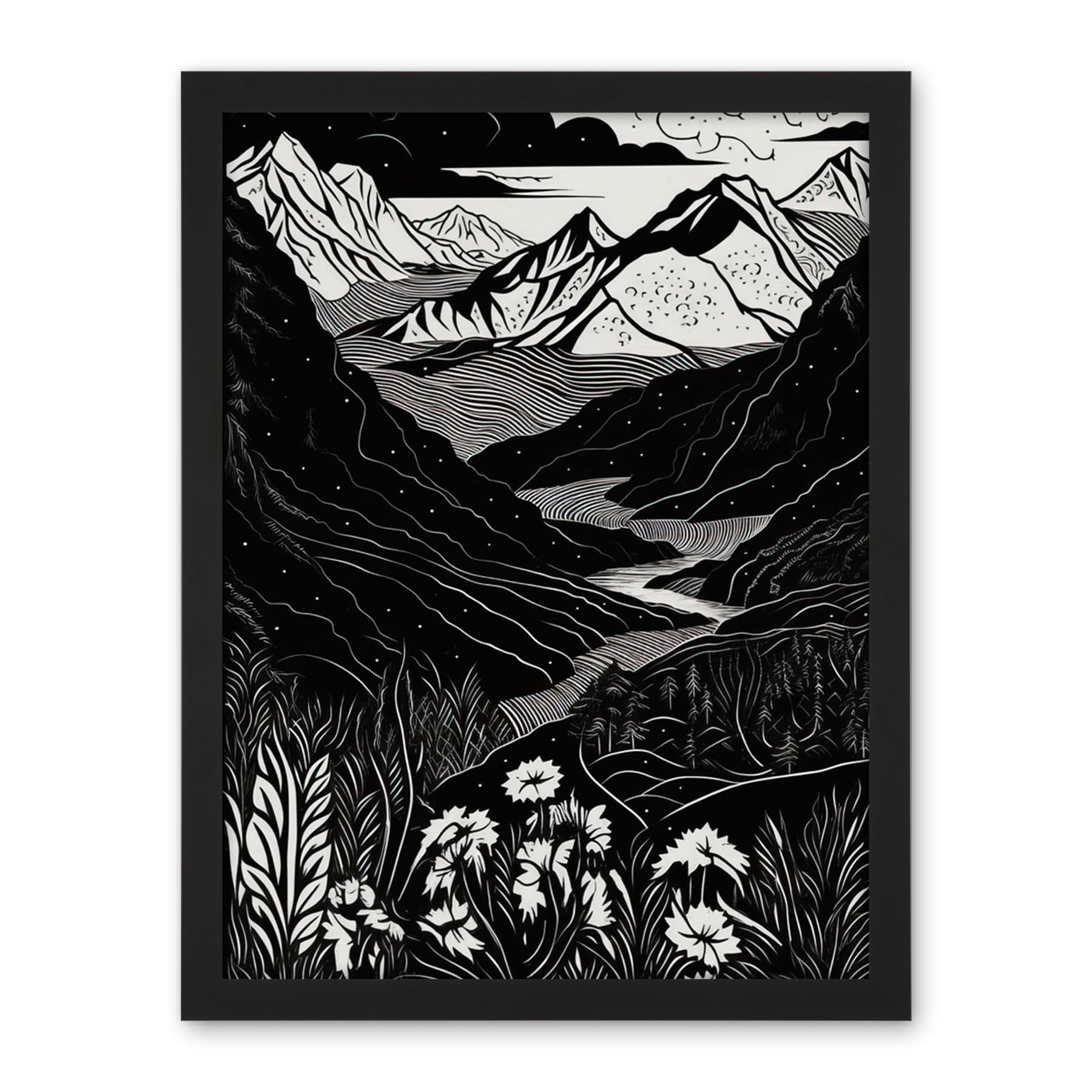 Artery8 Wildflowers in Spring Mountain Landscape Linocut Artwork Framed Wall Art Print 18X24 Inch