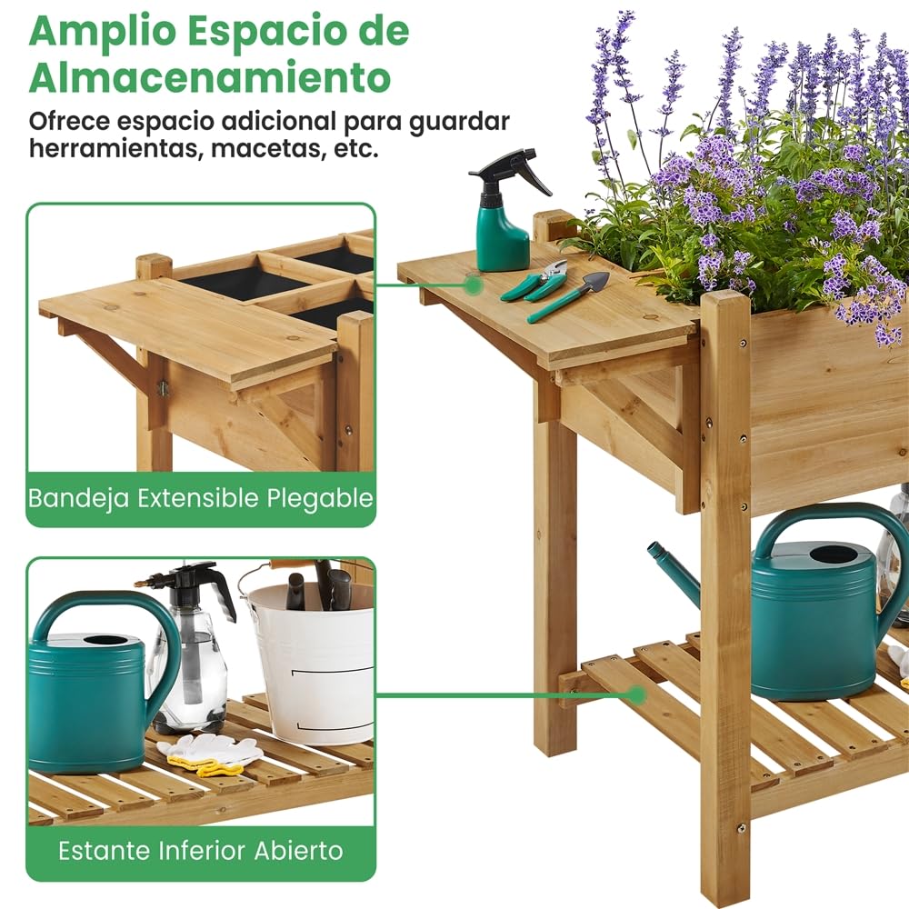 Yaheetech Huerto Urbano con Estante 123,5x54x80cm Macetero Jardinera Elevada de Madera Abeto con Rejillas de Cultivo Extraíbles y Forro Interior de Tela para Jardín/Terraza/Balcón Marrón Claro
