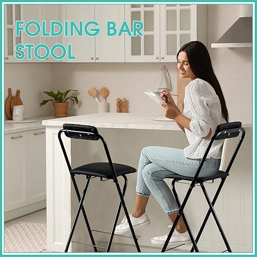 Miniatura 8 de Geelin 2 sillas plegables de 25.6 pulgadas, silla plegable, sillas plegables portátiles con asientos acolchados, bar, oficina, guitarra, escritorio,