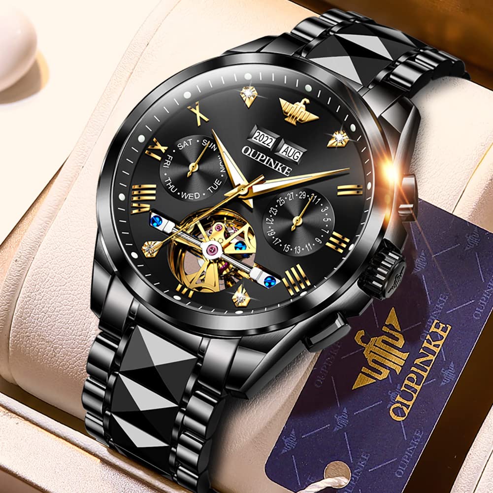 OUPINKE Herrenuhr Automatik Mechanische Armbanduhr mit Mondphase Wasserdicht Luminous Tag Datum Zweifarbige Edelstahlarmband